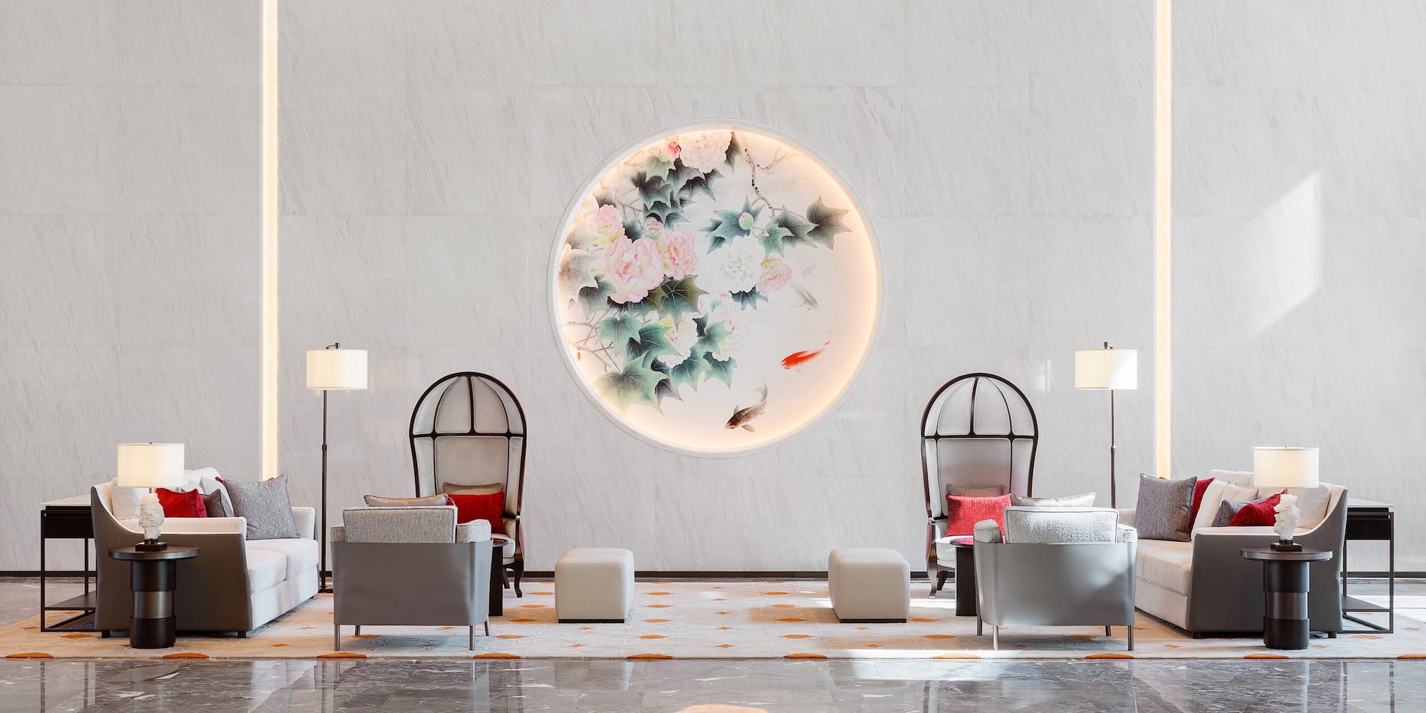 a room with chairs and a round wall