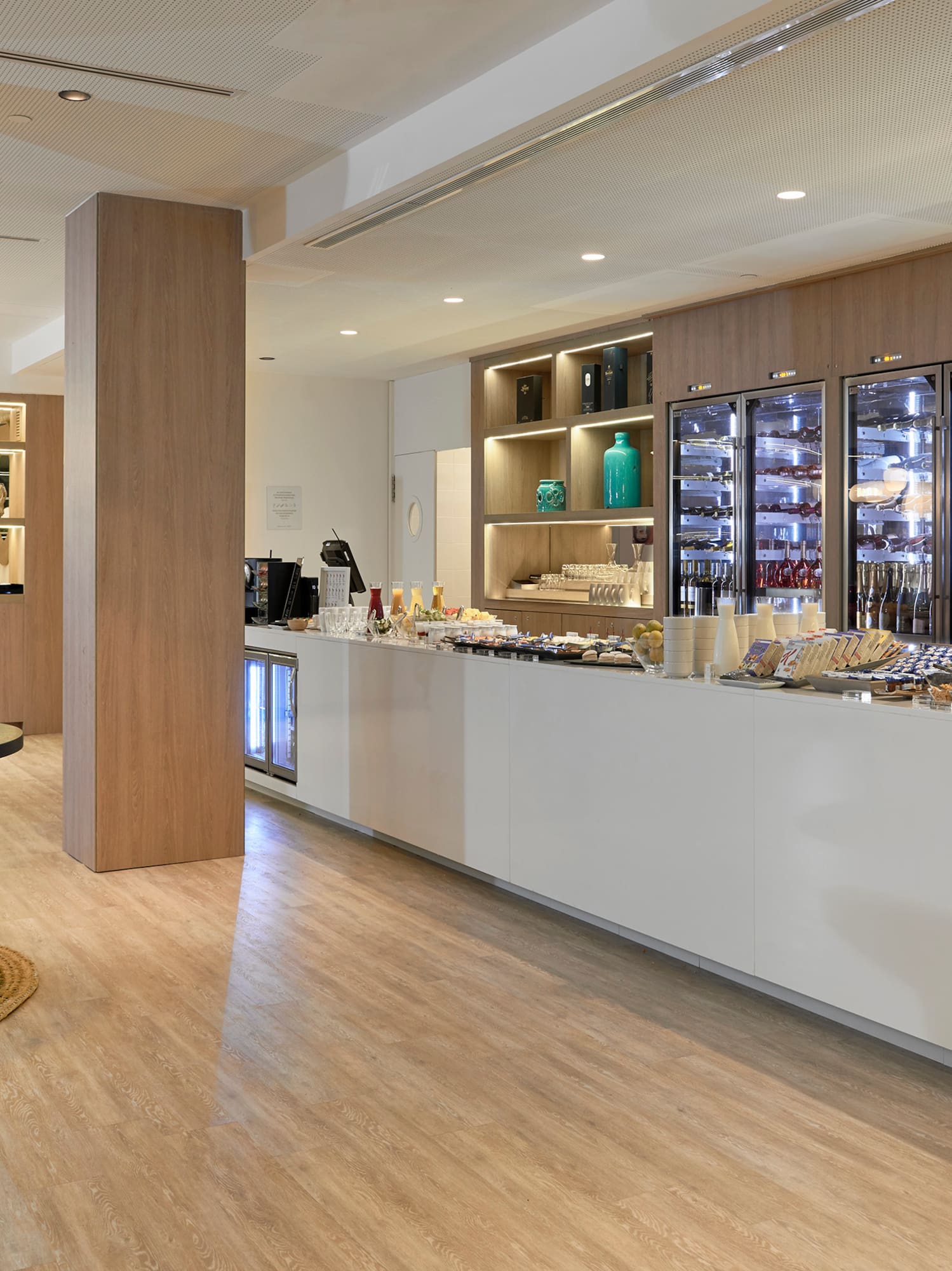 a room with a table and shelves