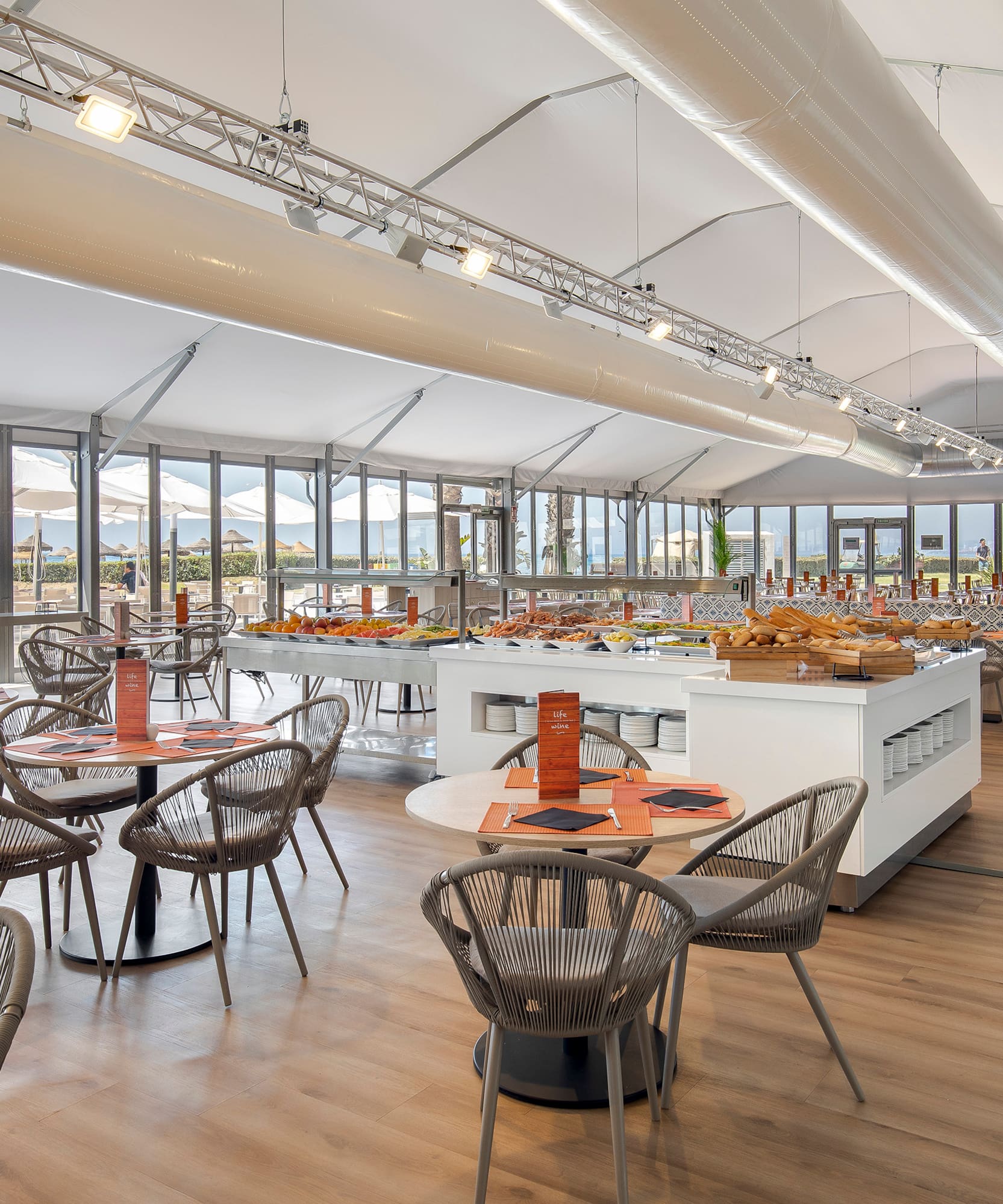 a room with tables and chairs