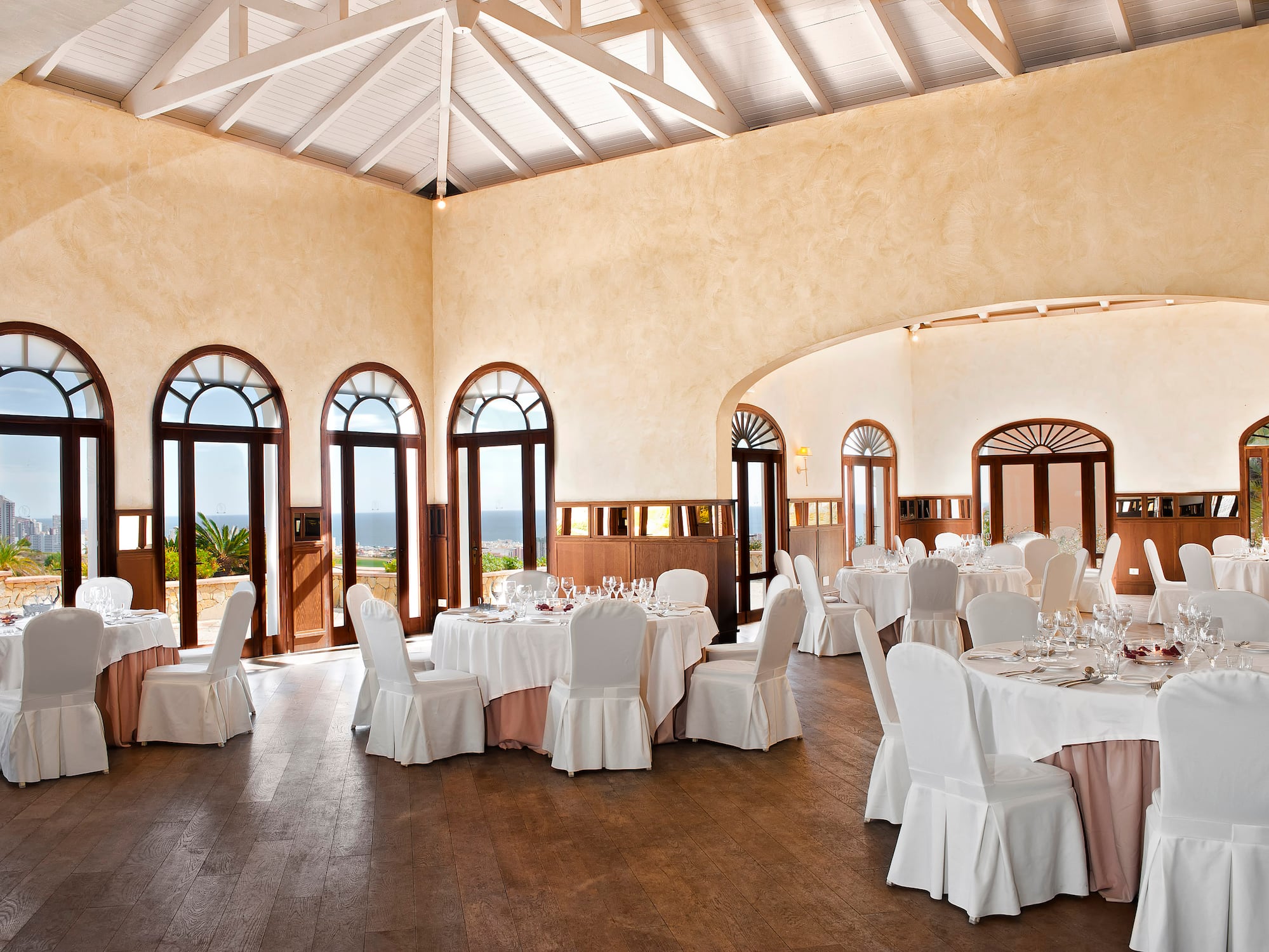 a room with tables and chairs