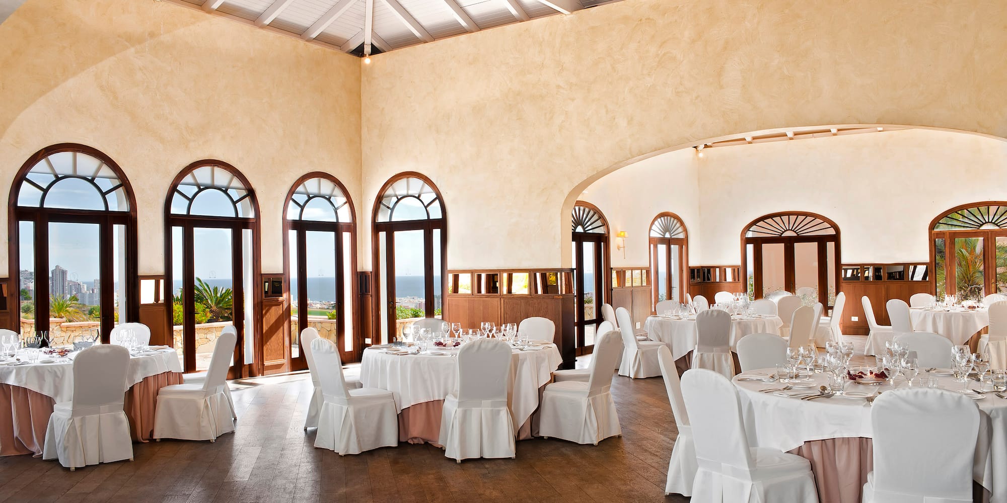 a room with tables and chairs