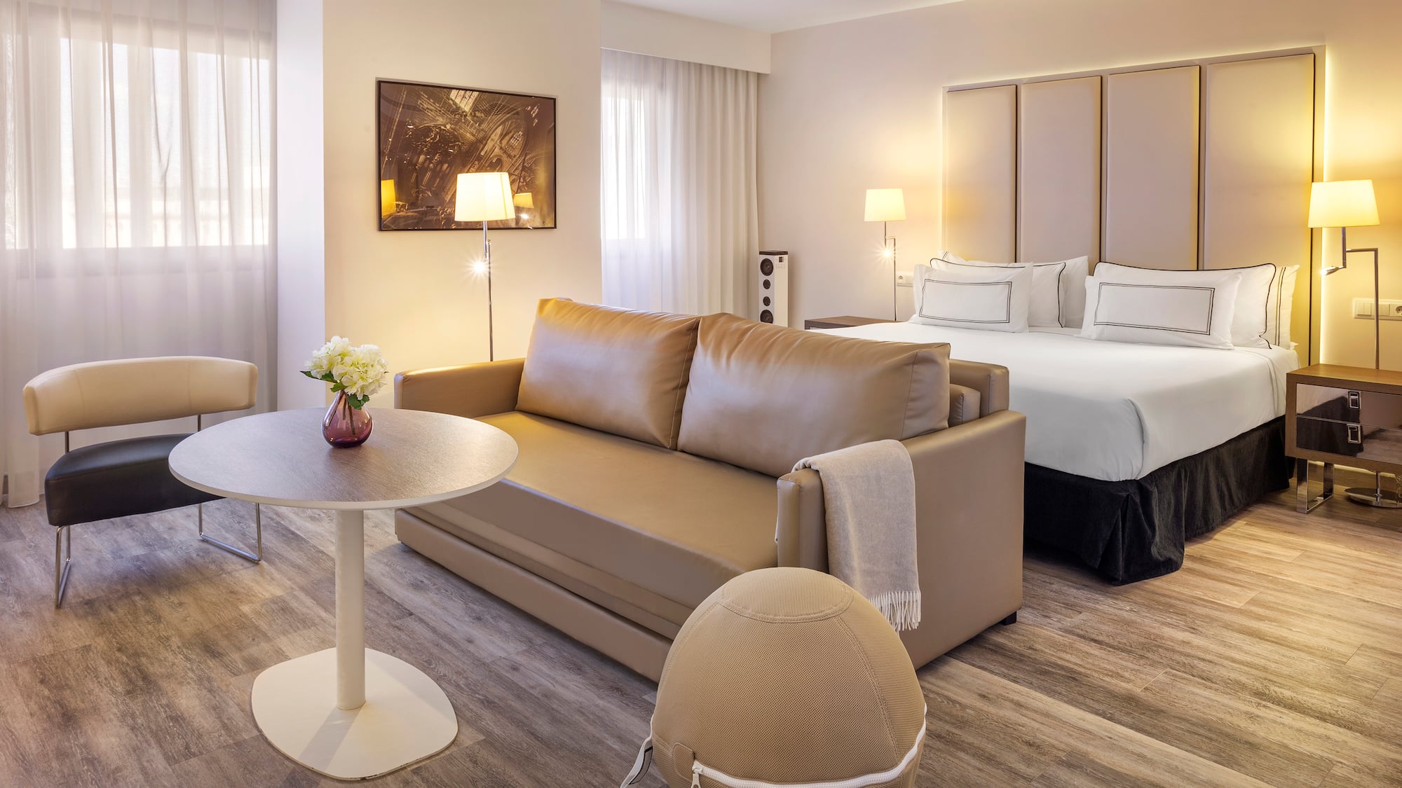 a room with a couch and a bed