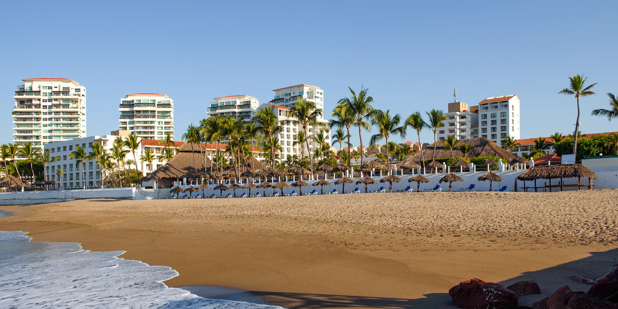 a beach with palm trees and buildings
