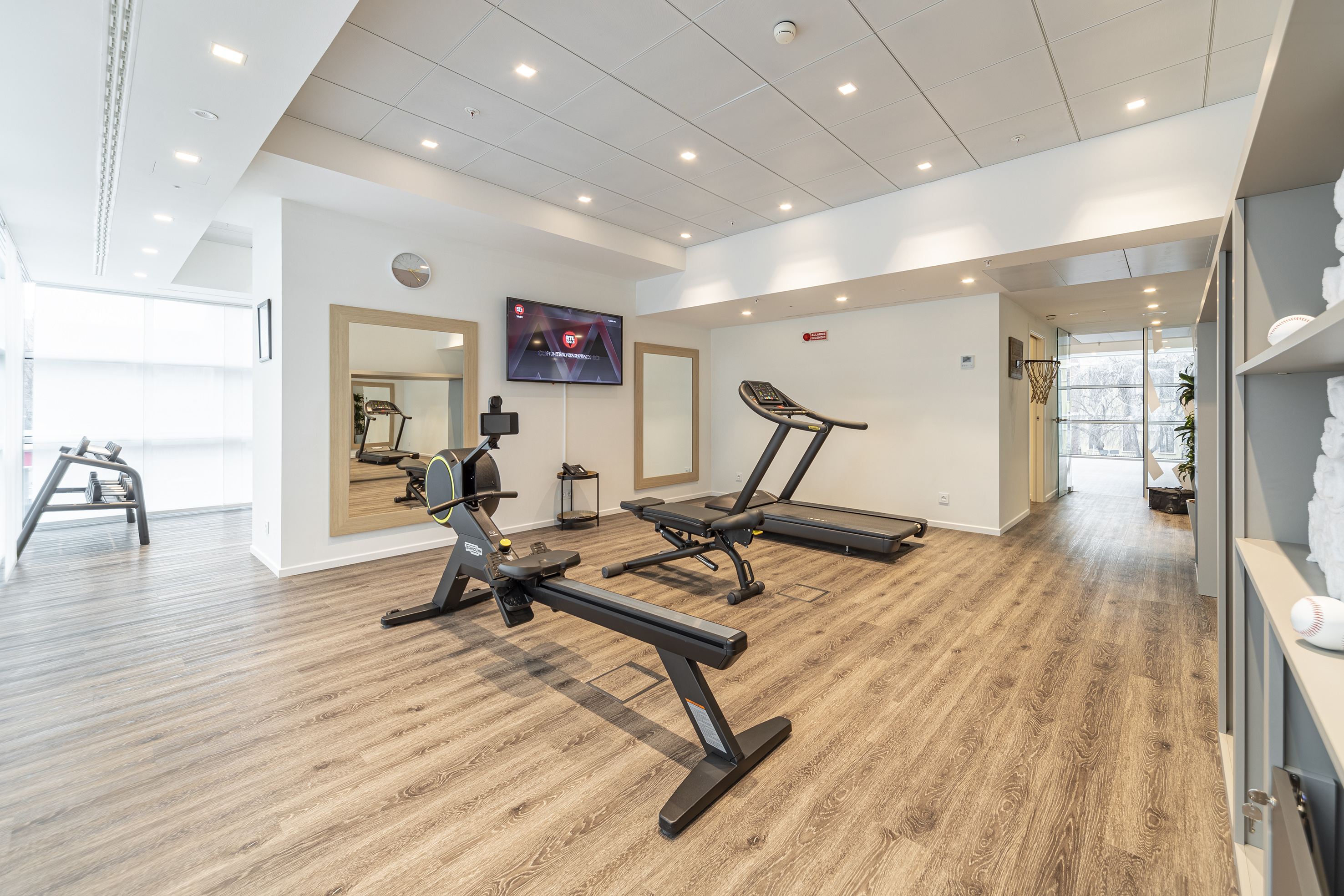 Modern hotel gym with treadmill, rowing machine, weight rack, and basketball hoop.