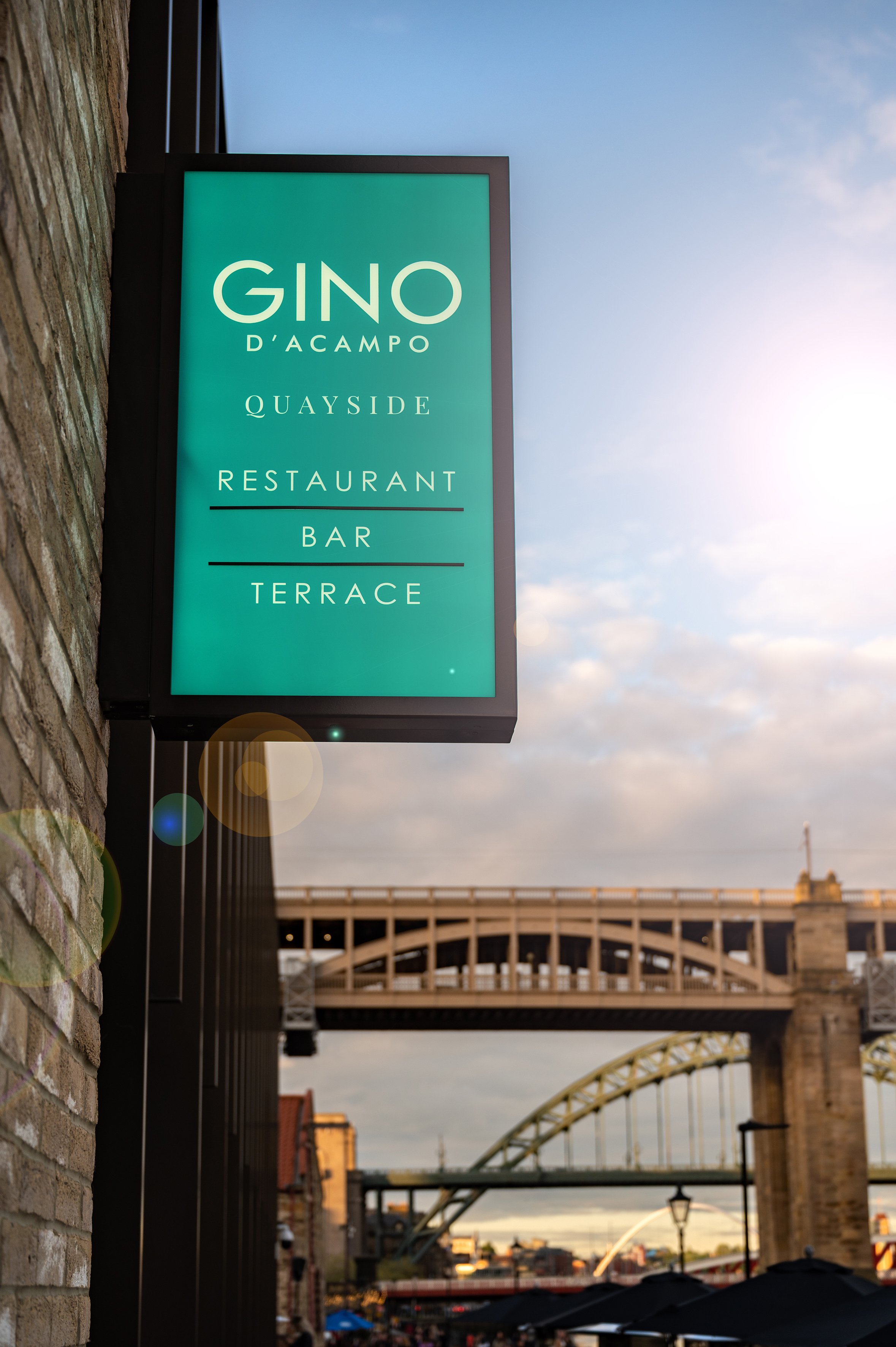 Gino D'Acampo Quayside Restaurant Bar Terrace sign, Newcastle bridges.
