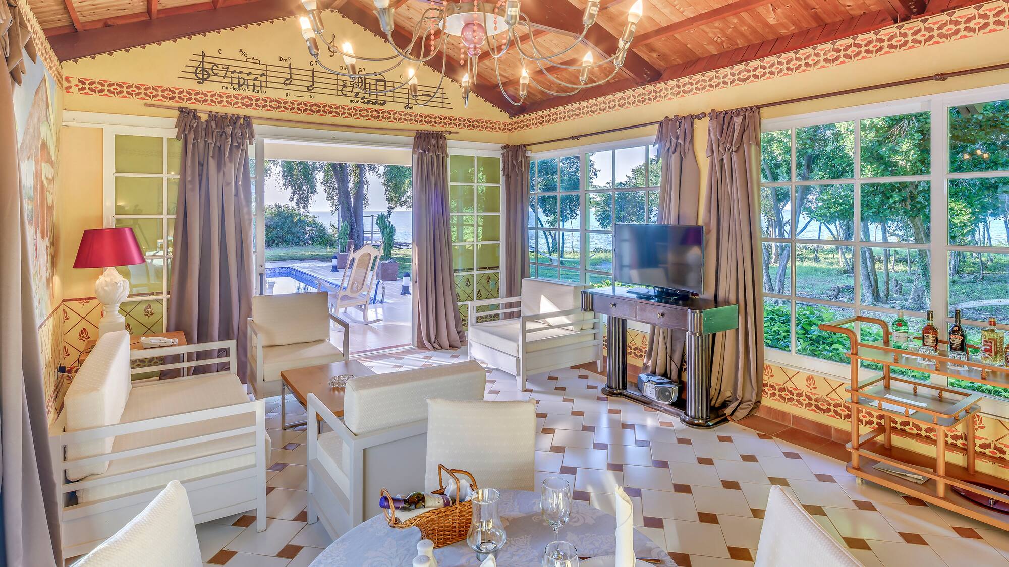 a room with a table and chairs