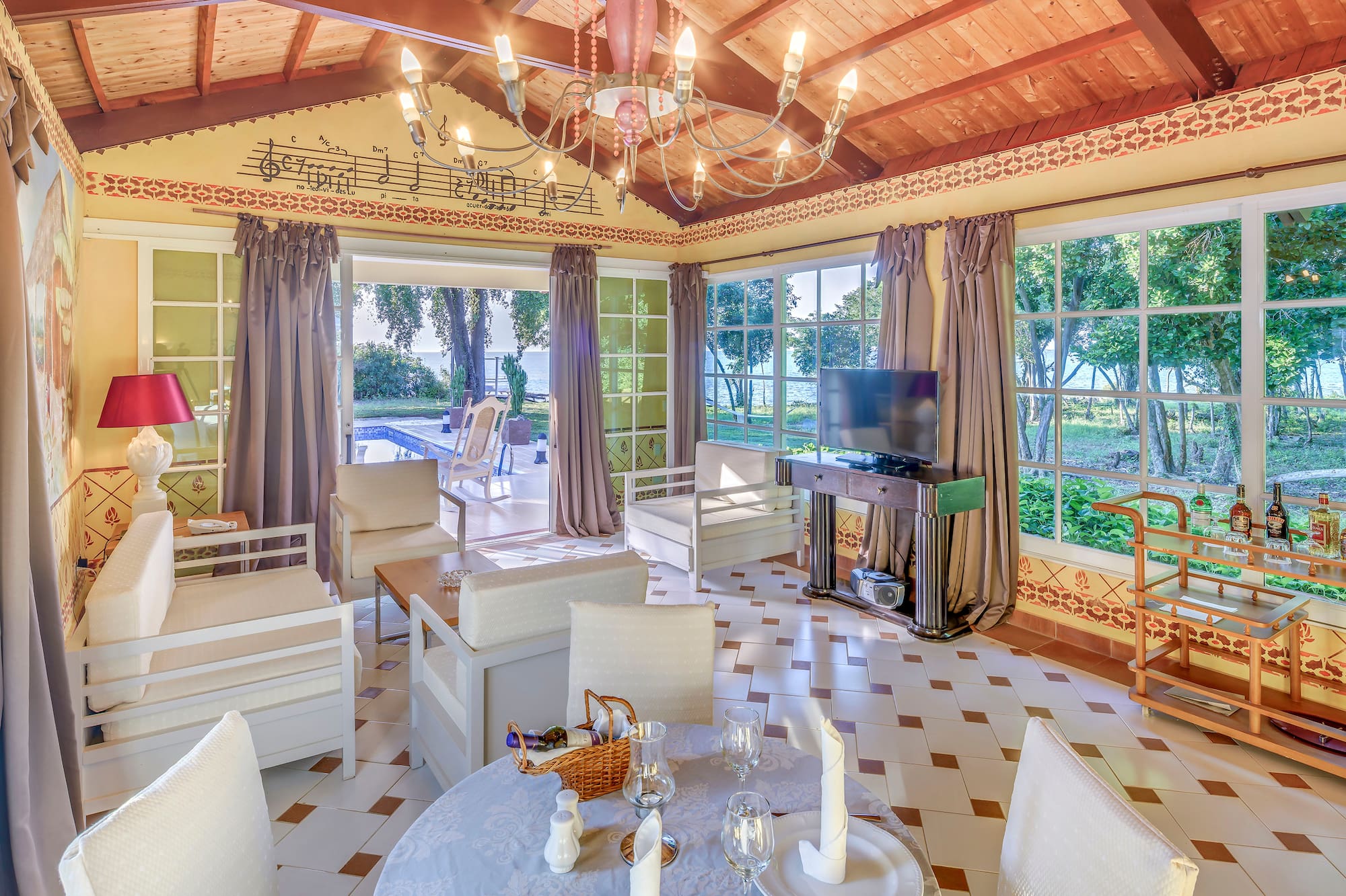 a room with a table and chairs