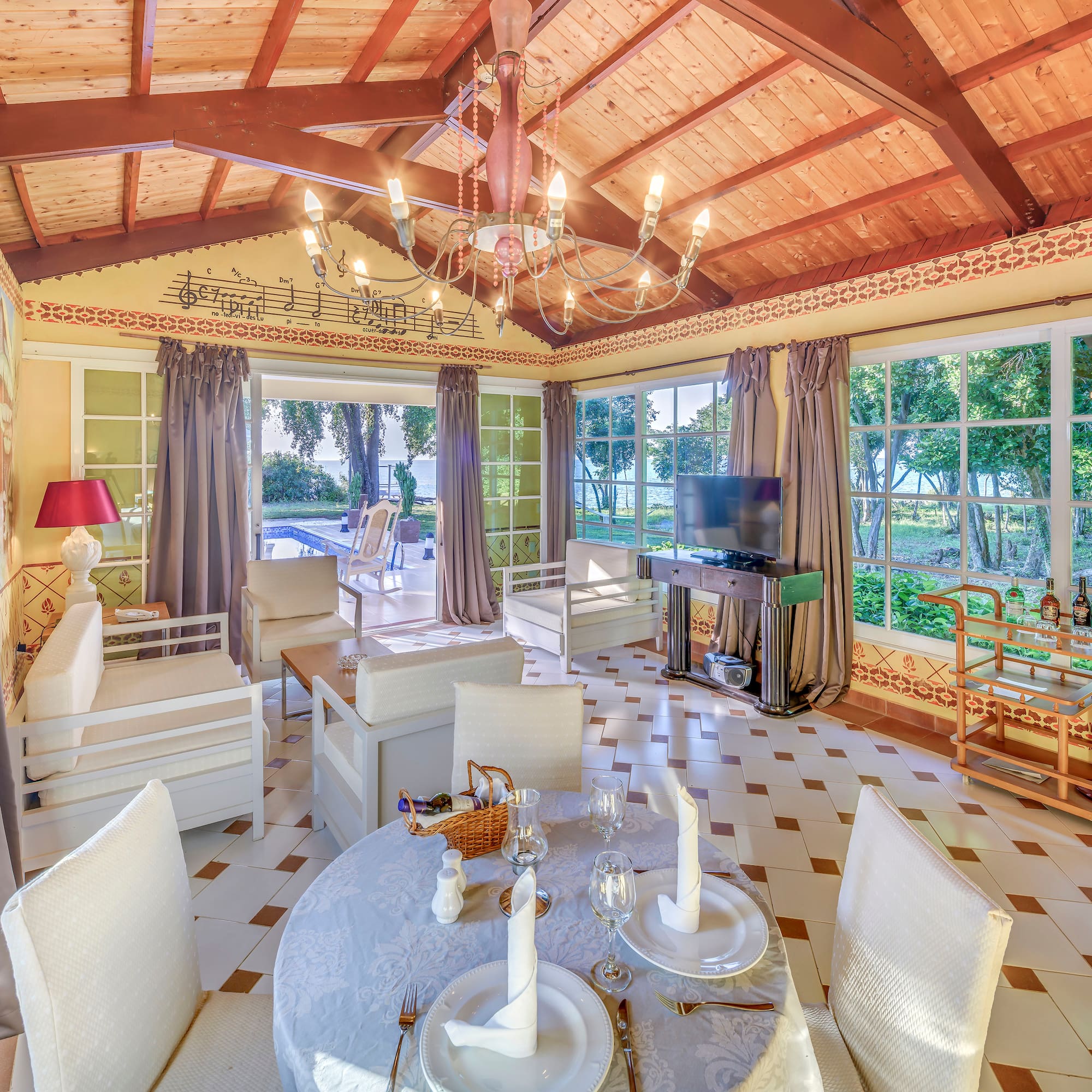 a room with a table and chairs