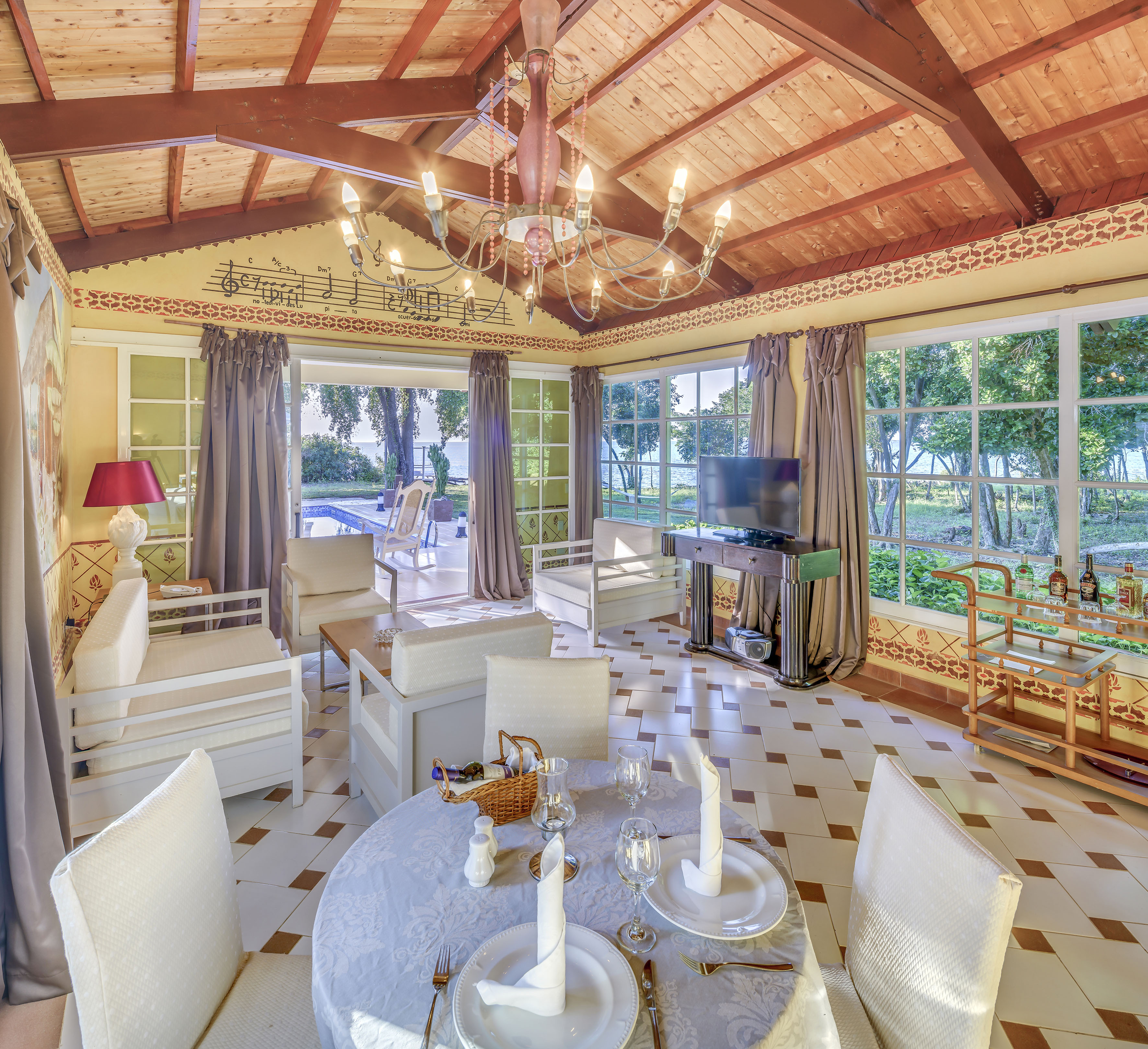 a room with a table and chairs