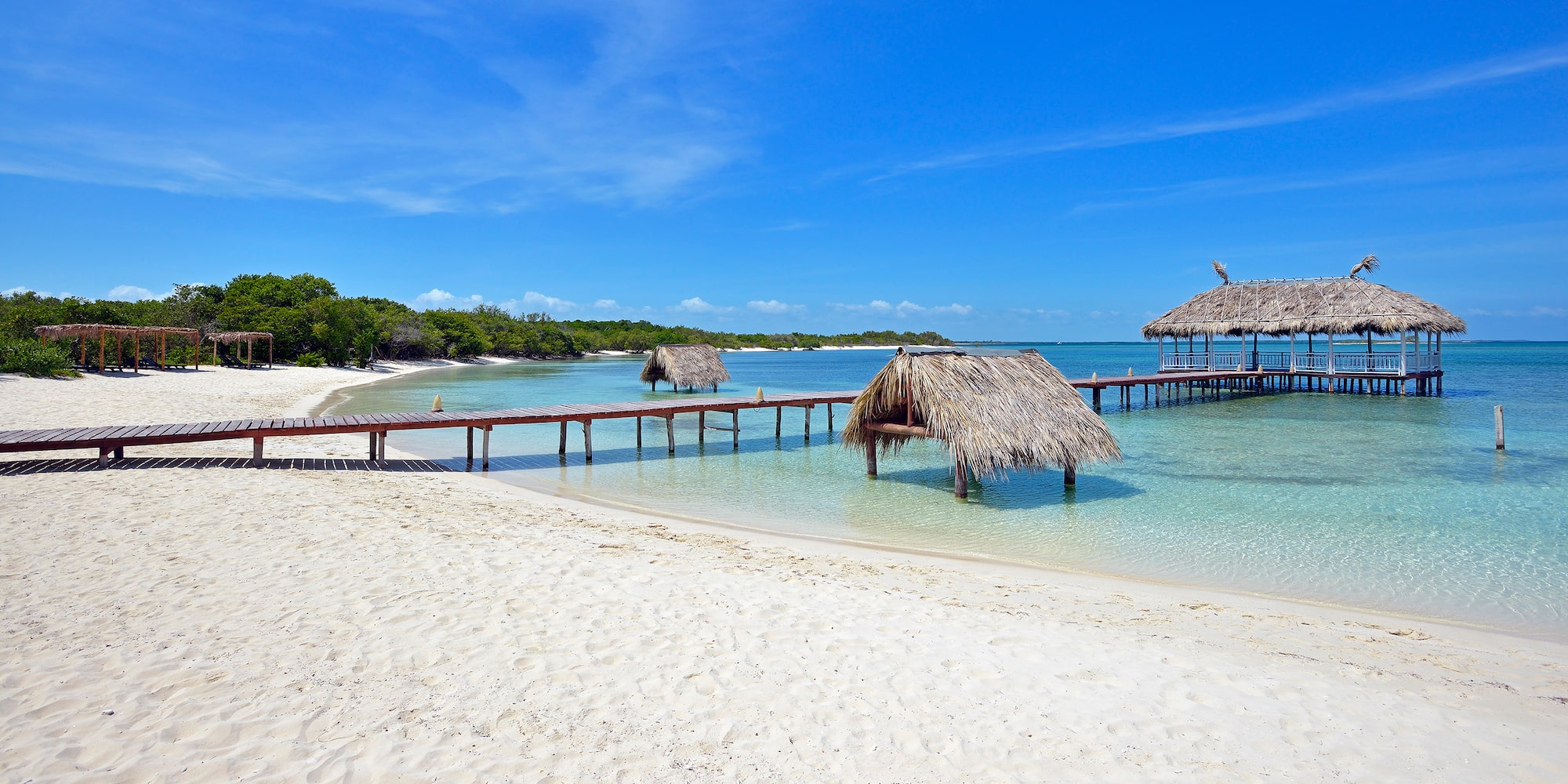 a dock over water with straw huts and a beach