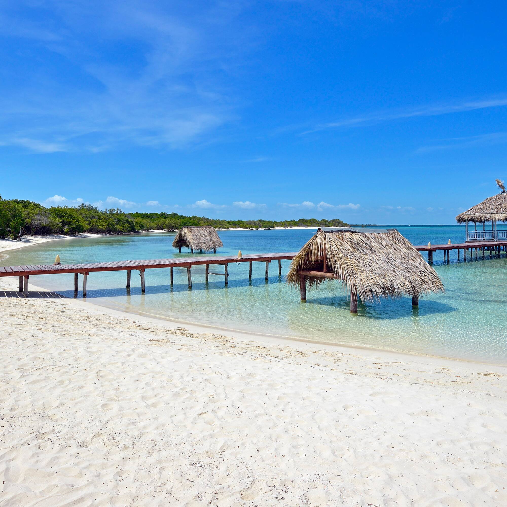 a dock over water with straw huts and a beach