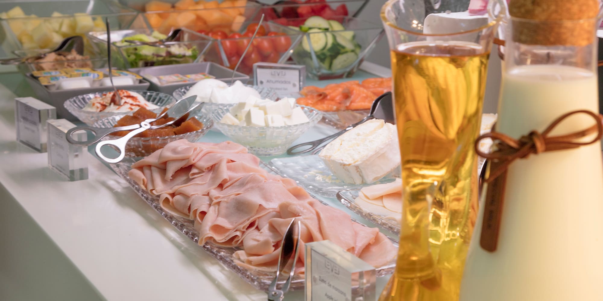 a buffet table with different food items