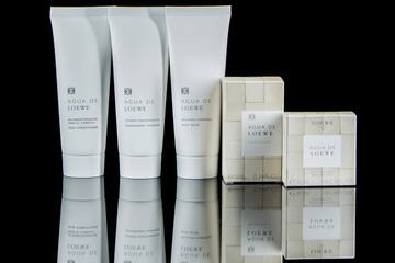 a group of white containers with black text