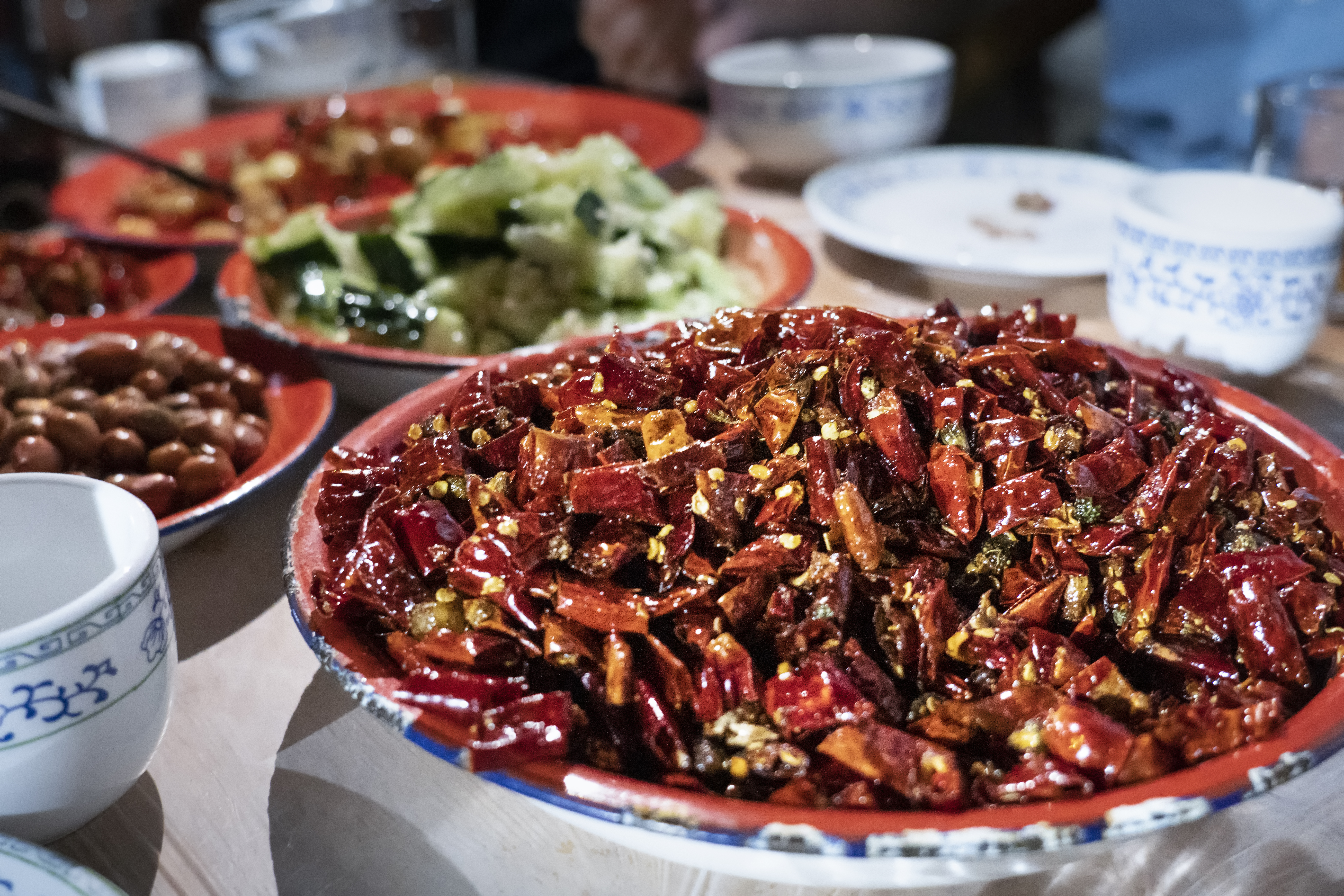a group of bowls of food