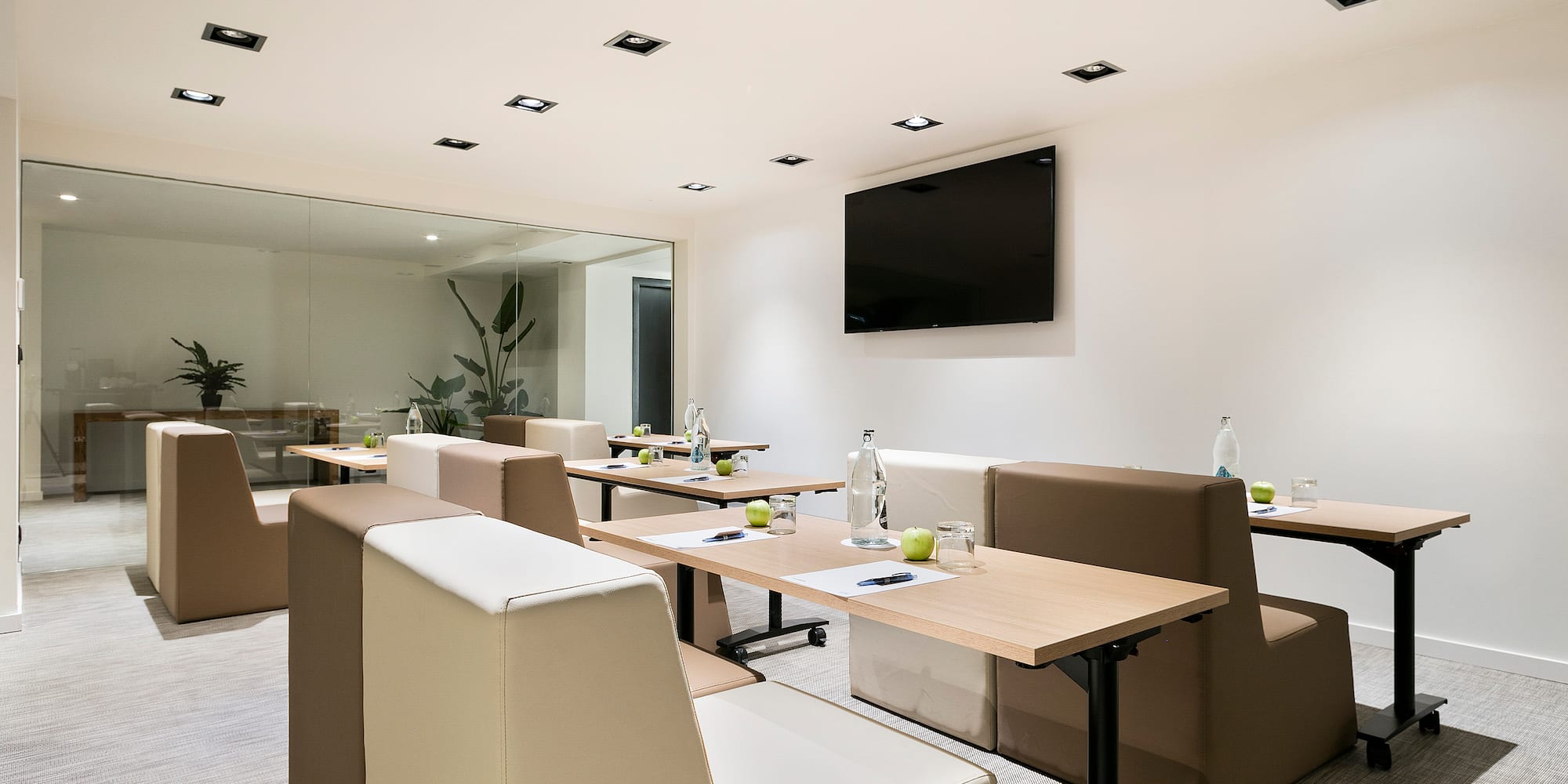 a room with tables and chairs