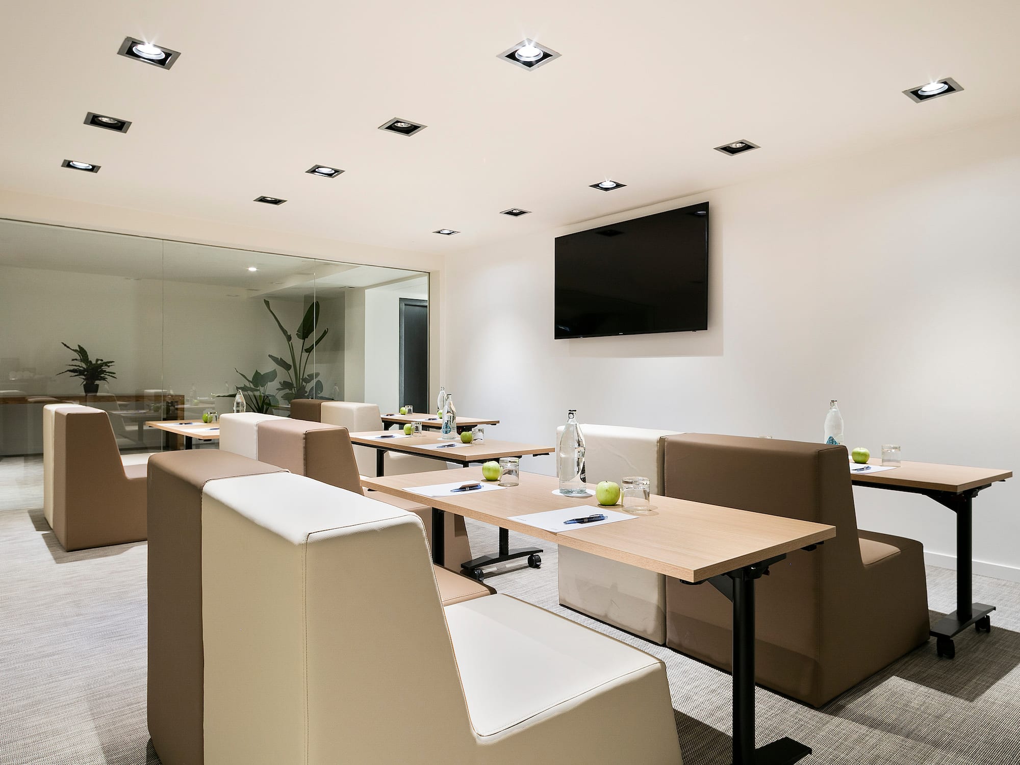 a room with tables and chairs