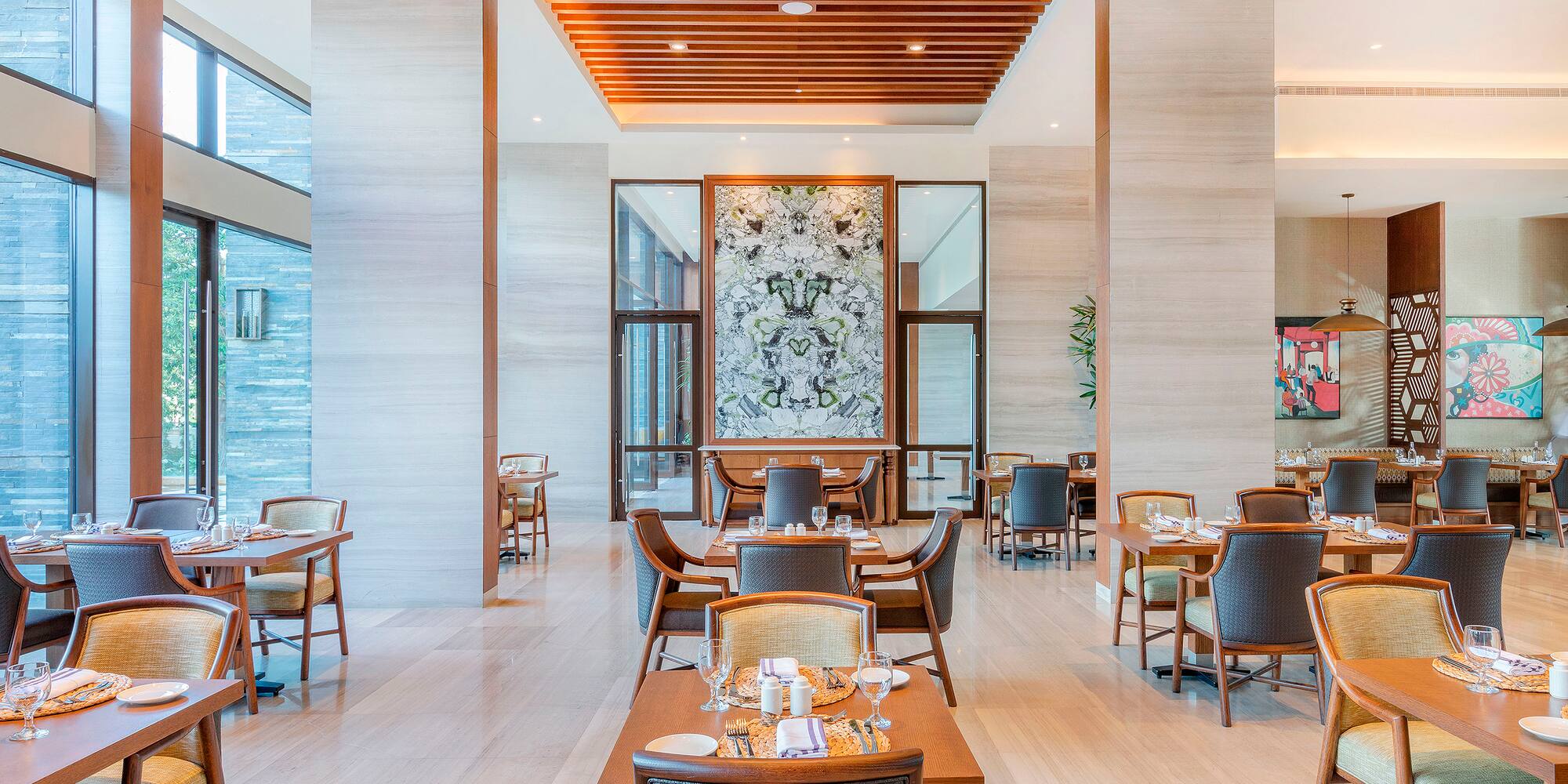 a room with tables and chairs