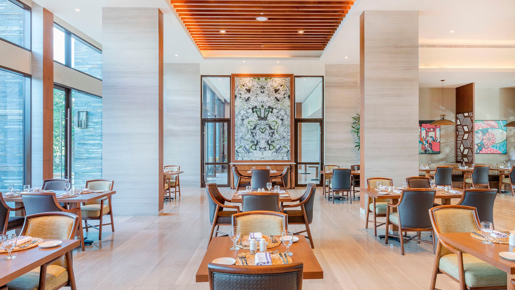 a room with tables and chairs