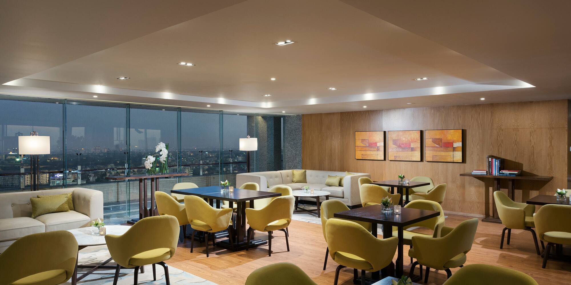 a room with tables and chairs