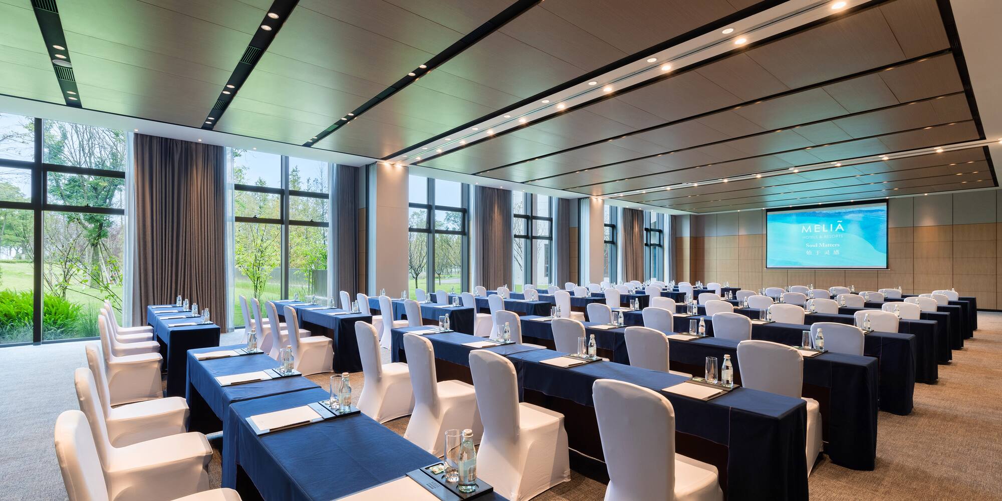 a room with tables and chairs