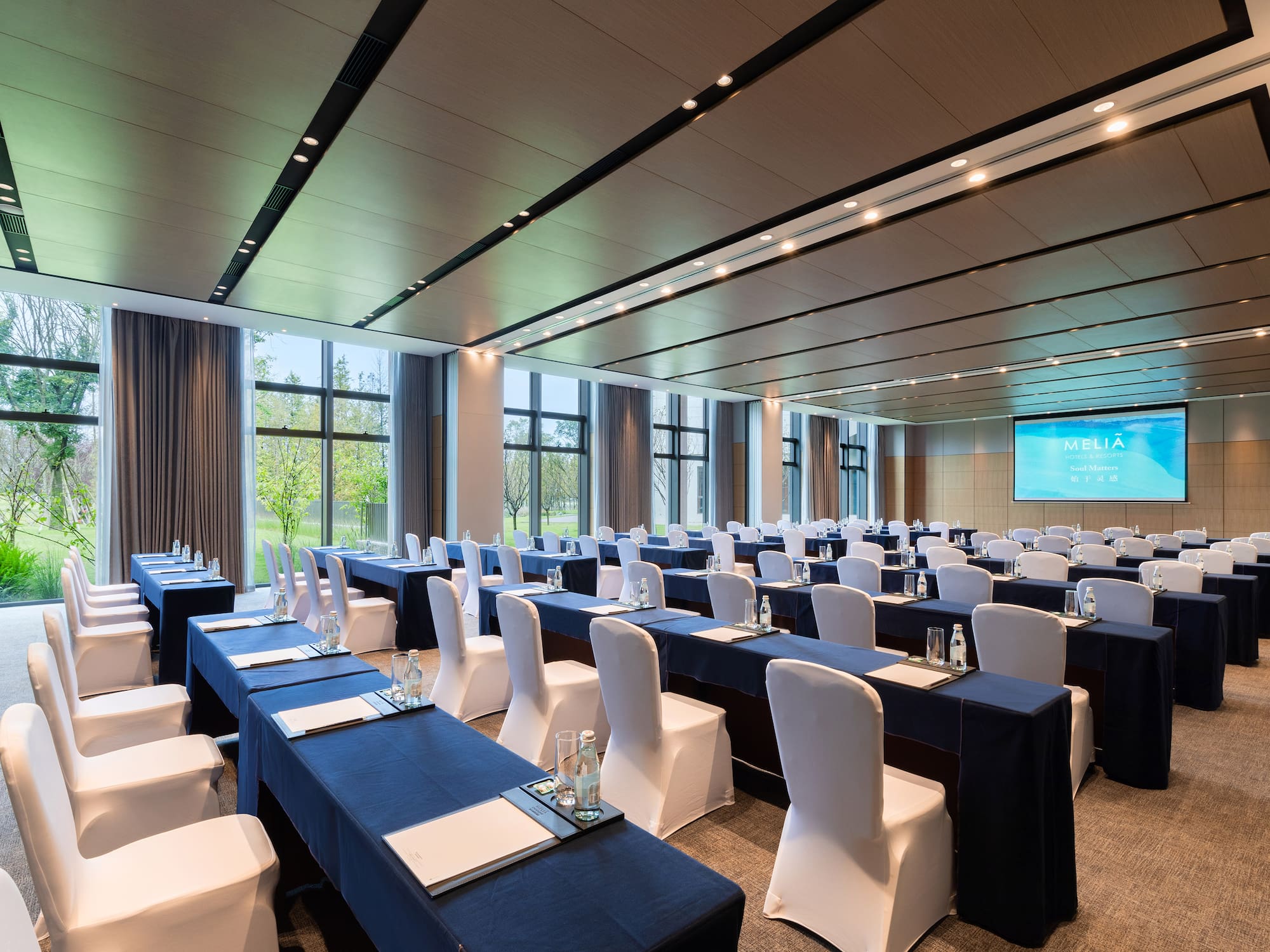 a room with tables and chairs