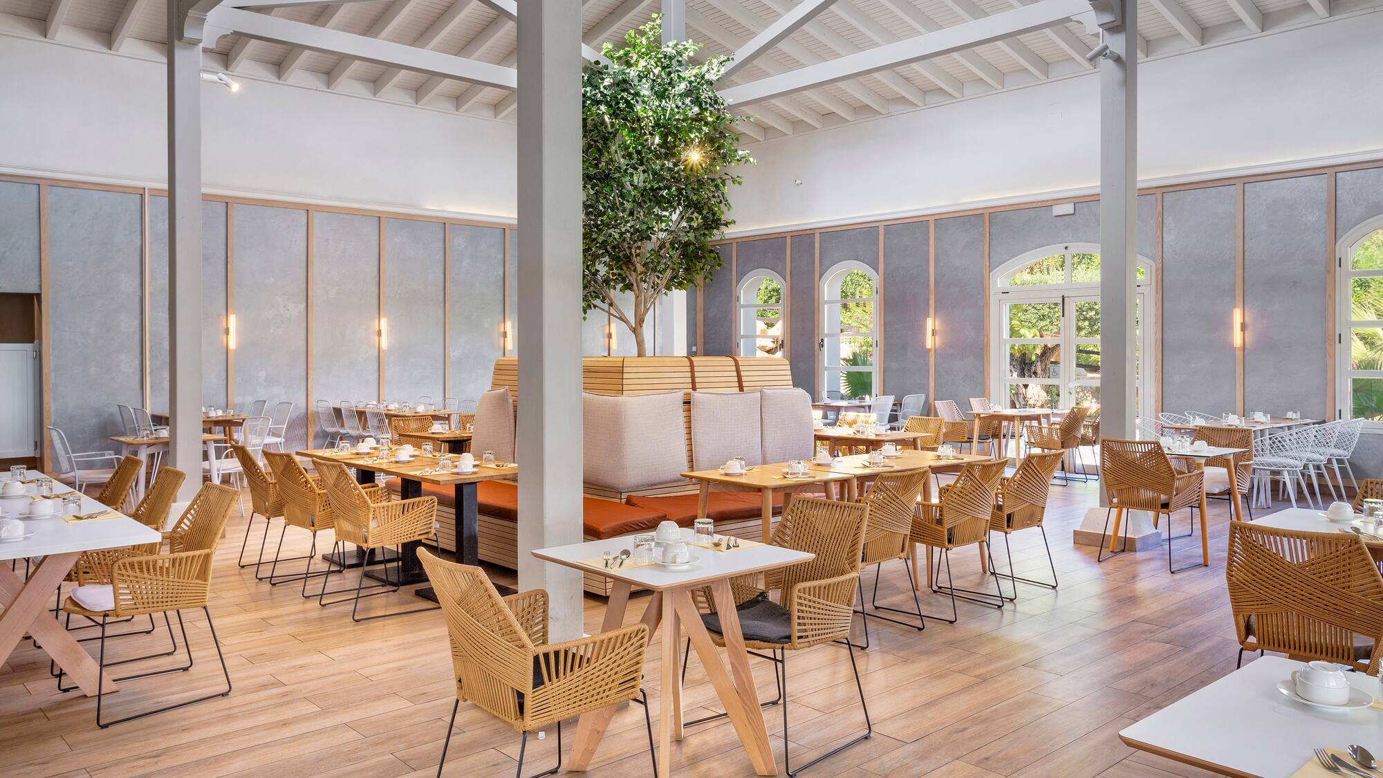 a room with tables and chairs