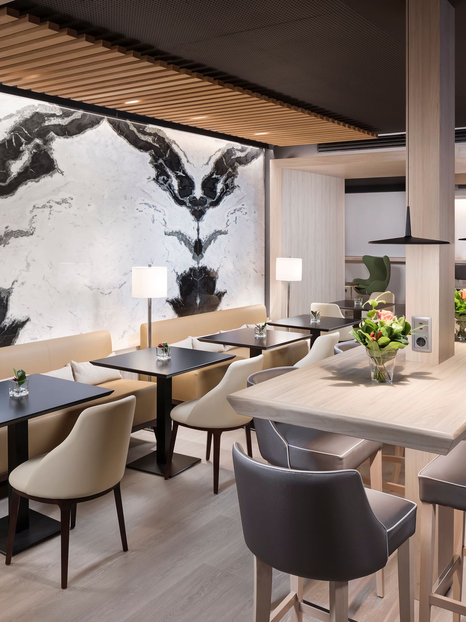 a room with tables and chairs