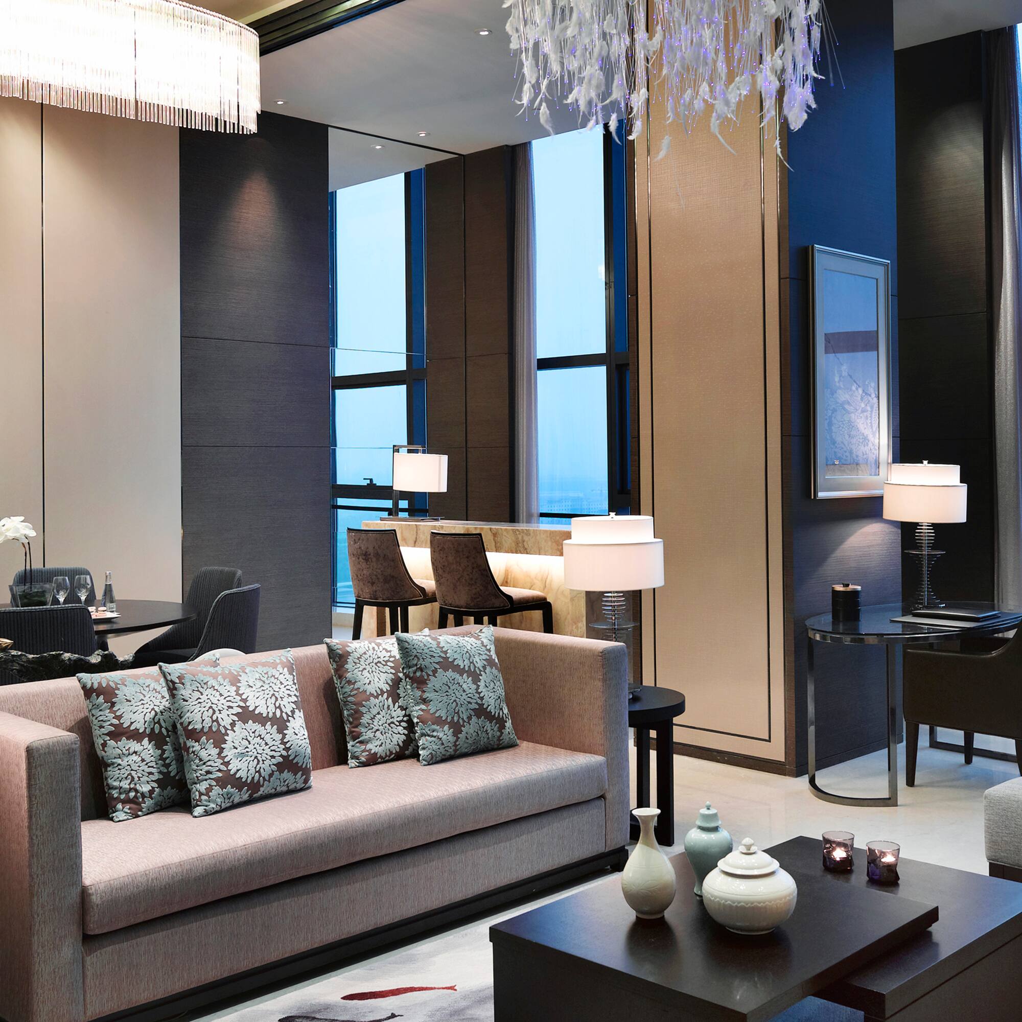 a room with a couch and a table