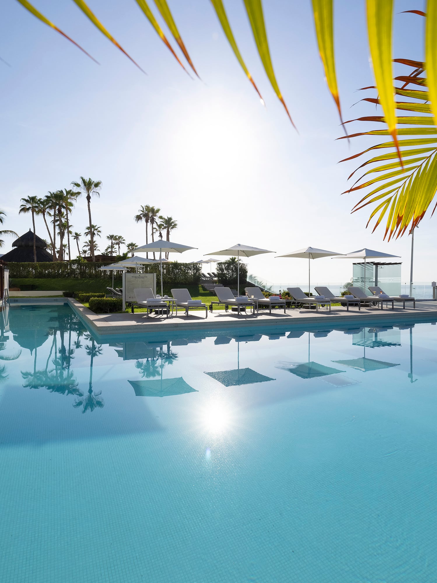 a pool with lounge chairs and umbrellas