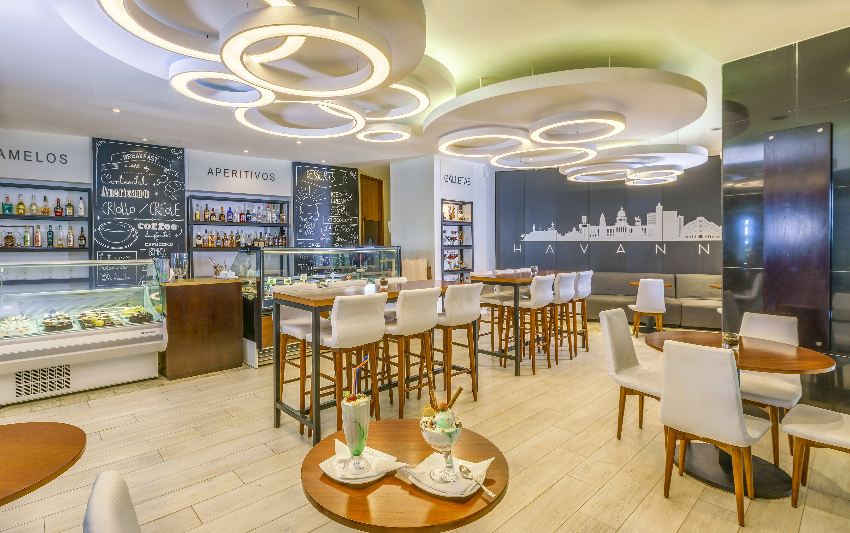 a room with tables and chairs