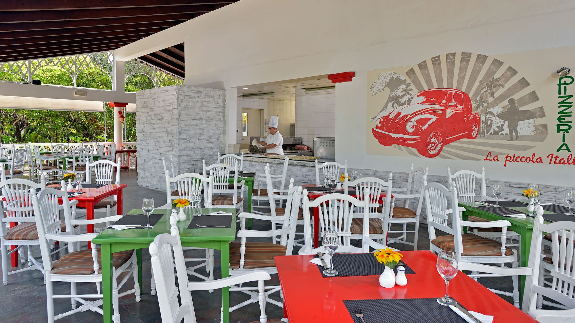 a restaurant with tables and chairs