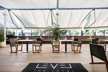 a table and chairs in a restaurant