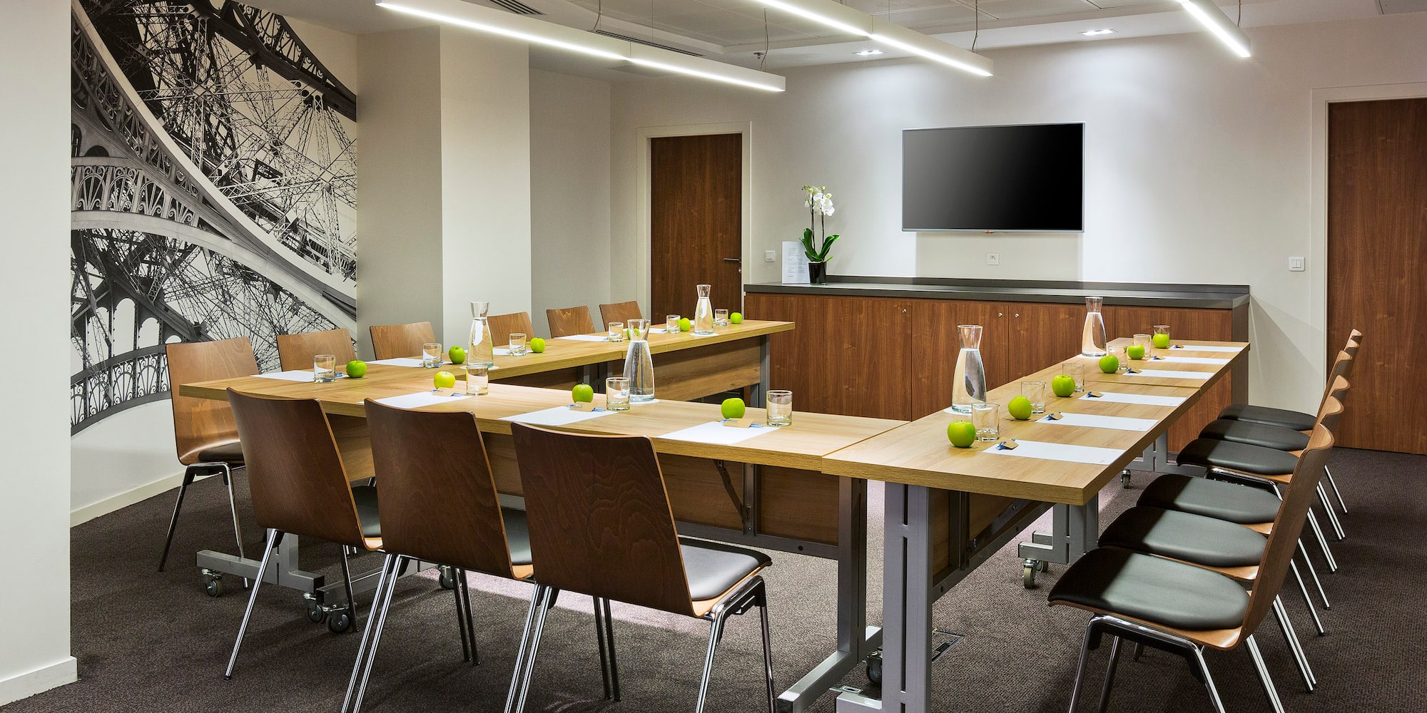 a room with a table and chairs