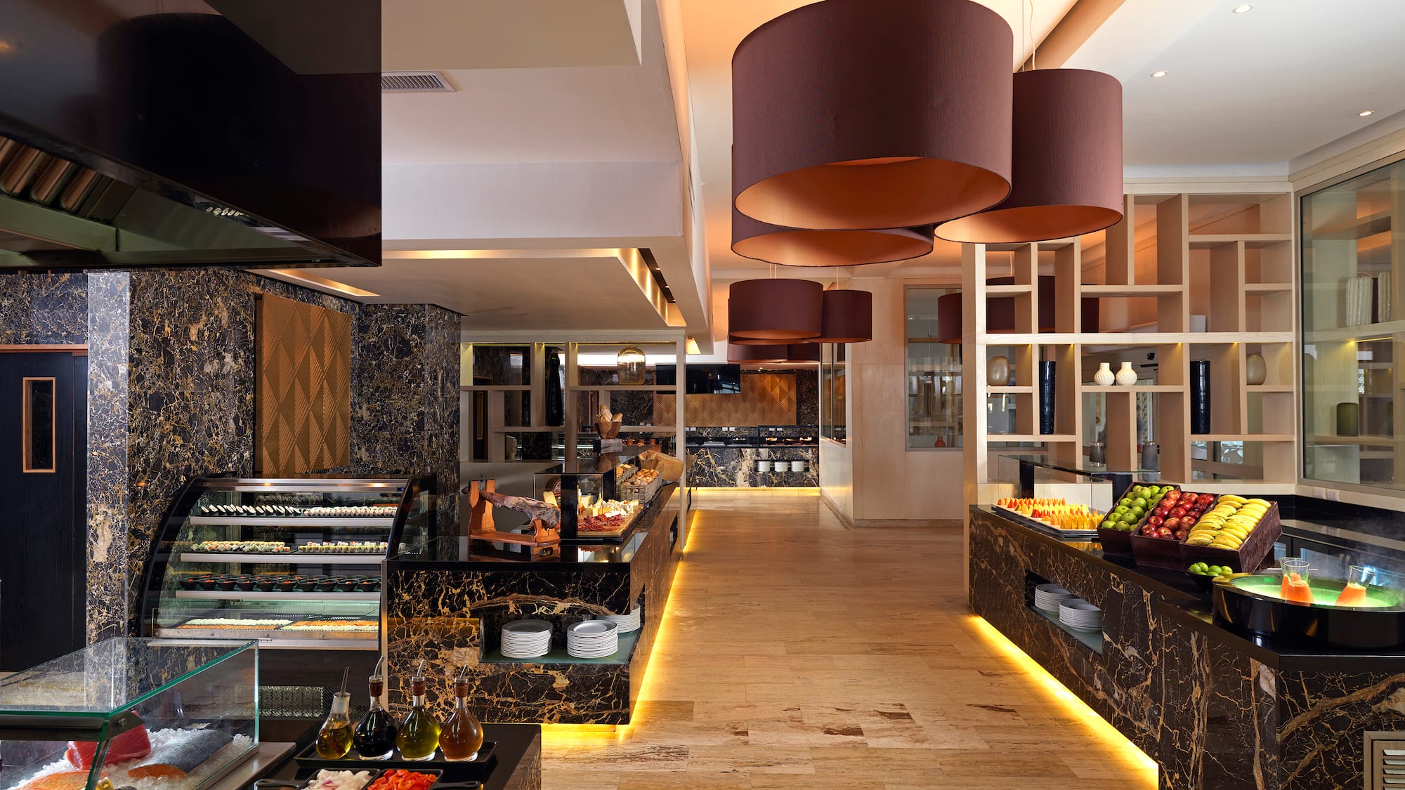 a food court with a variety of food items