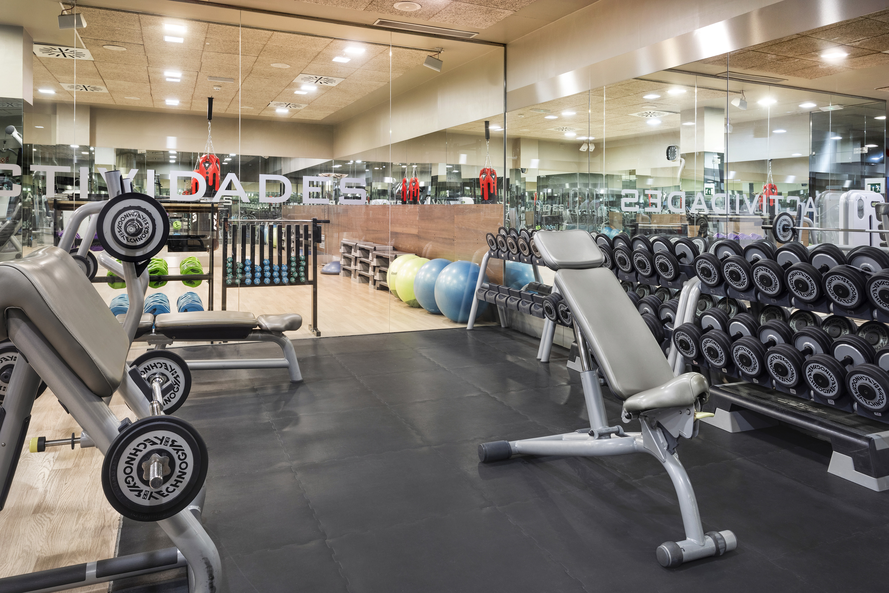 Spacious Technogym gym with benches, dumbbell racks, and barbells.