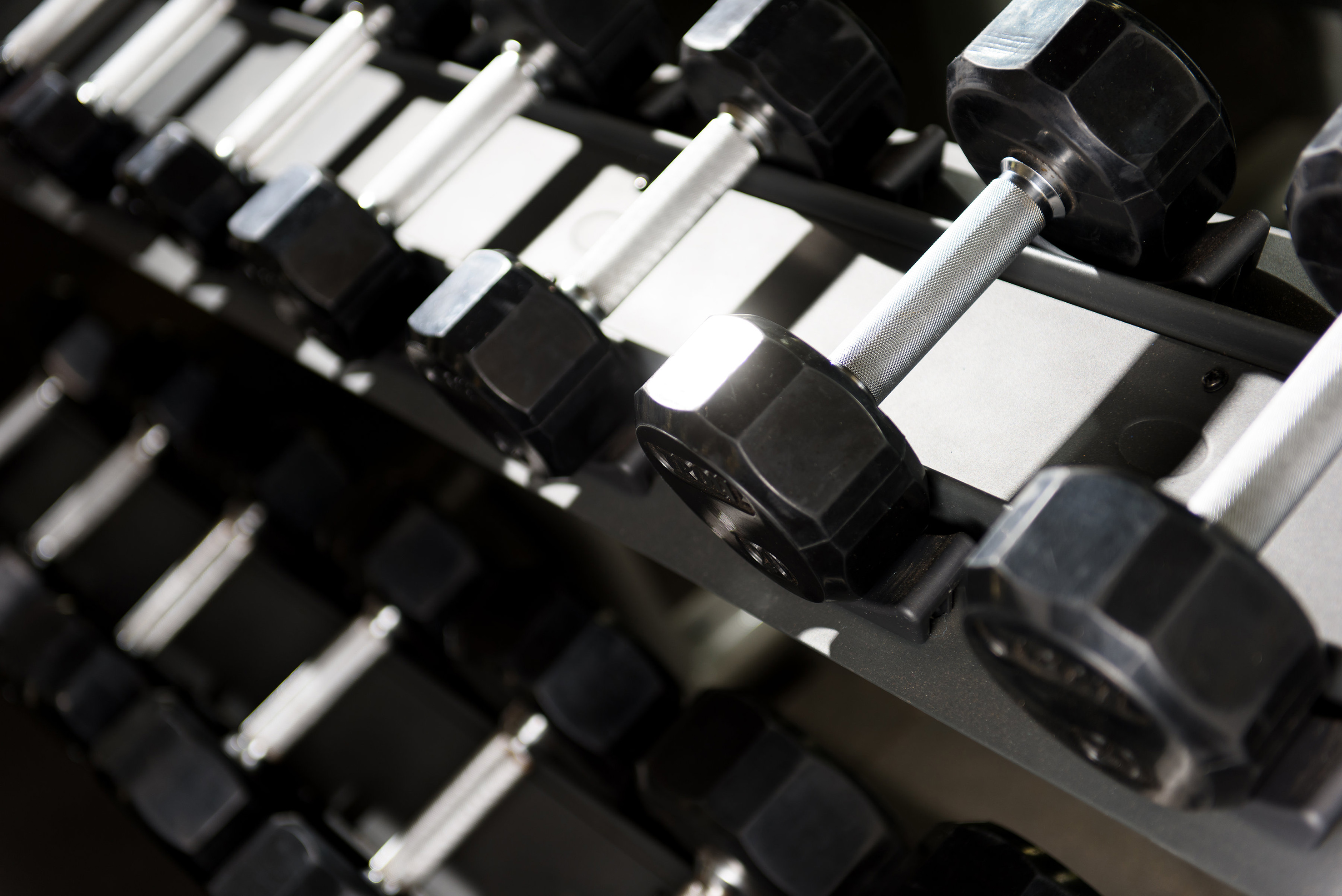 a close-up of a rack of dumbbells