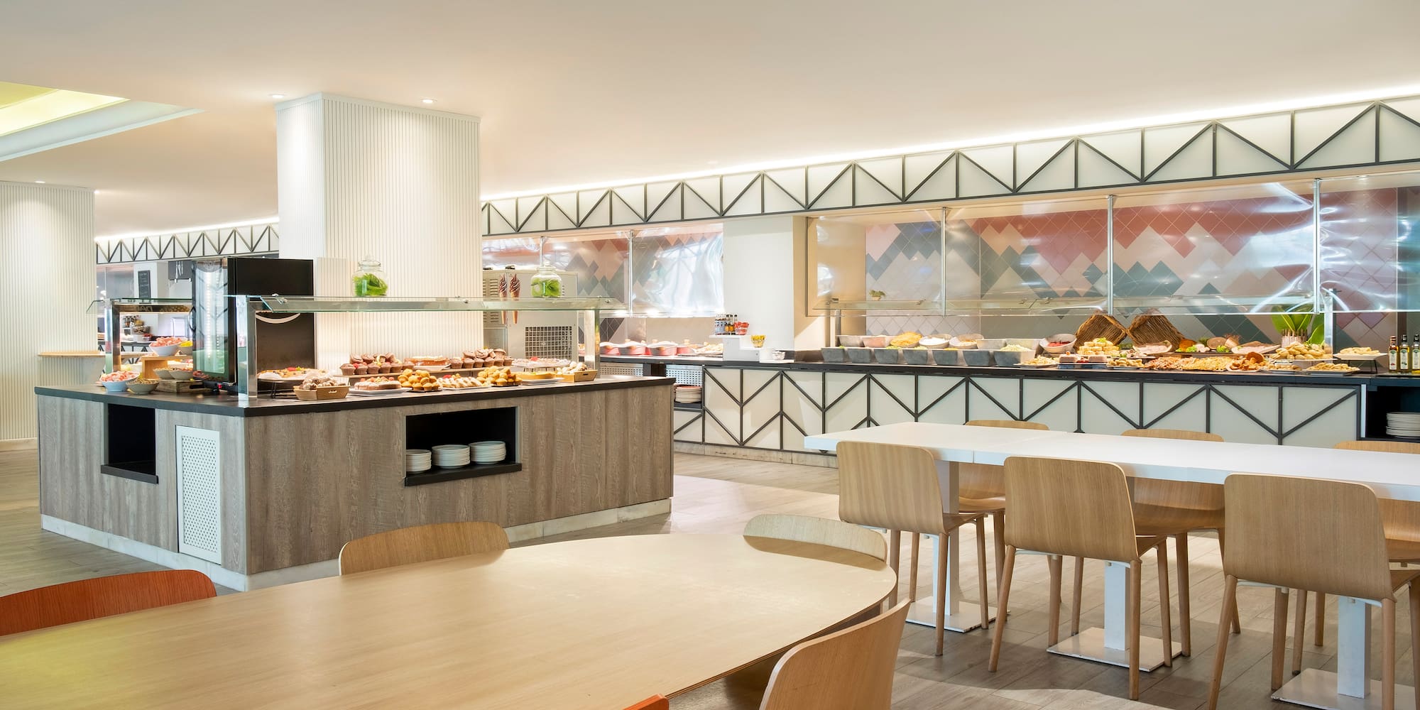 a restaurant with a buffet and food