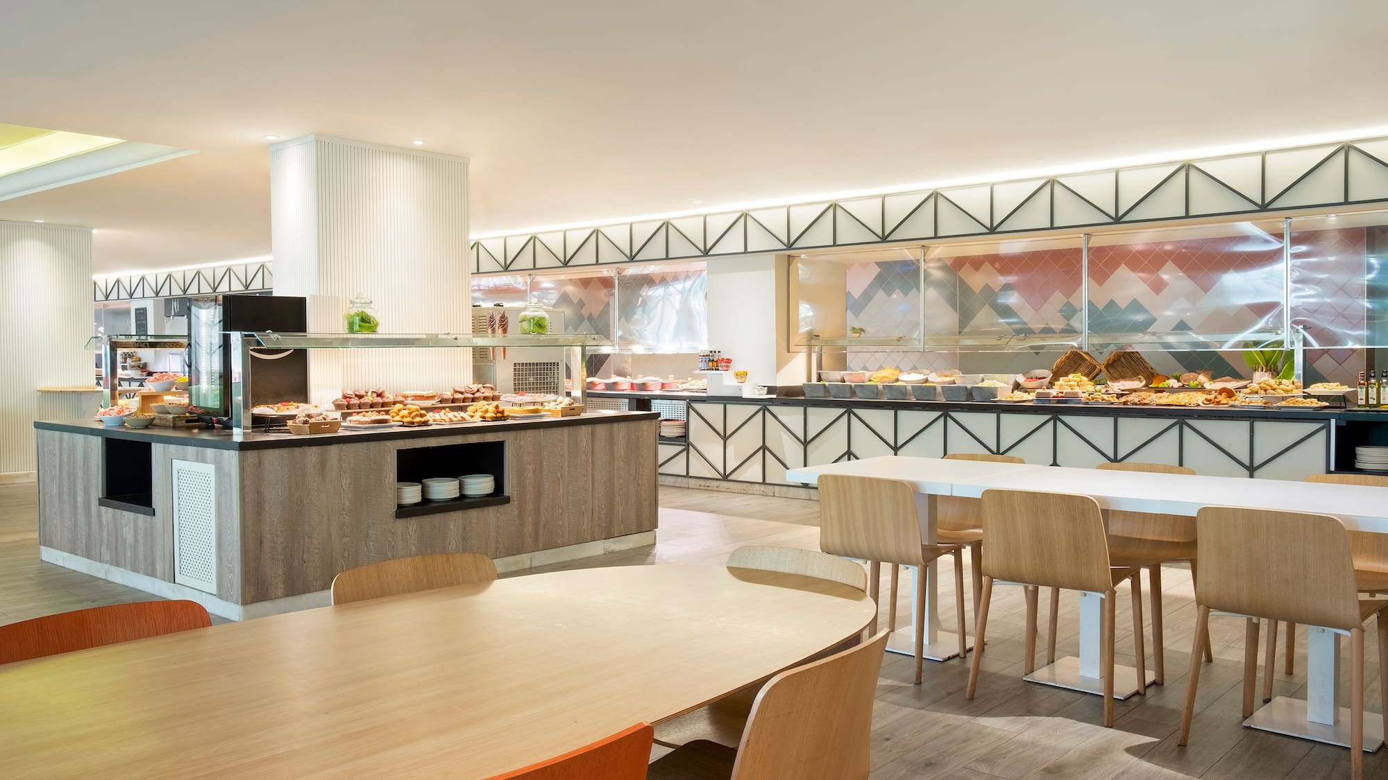 a restaurant with a buffet and food