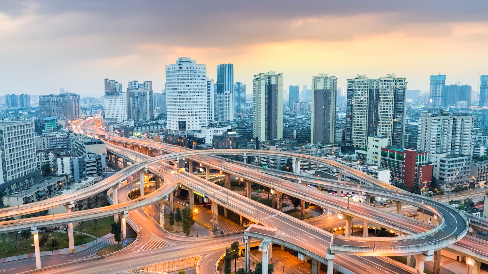 a city with many roads and buildings
