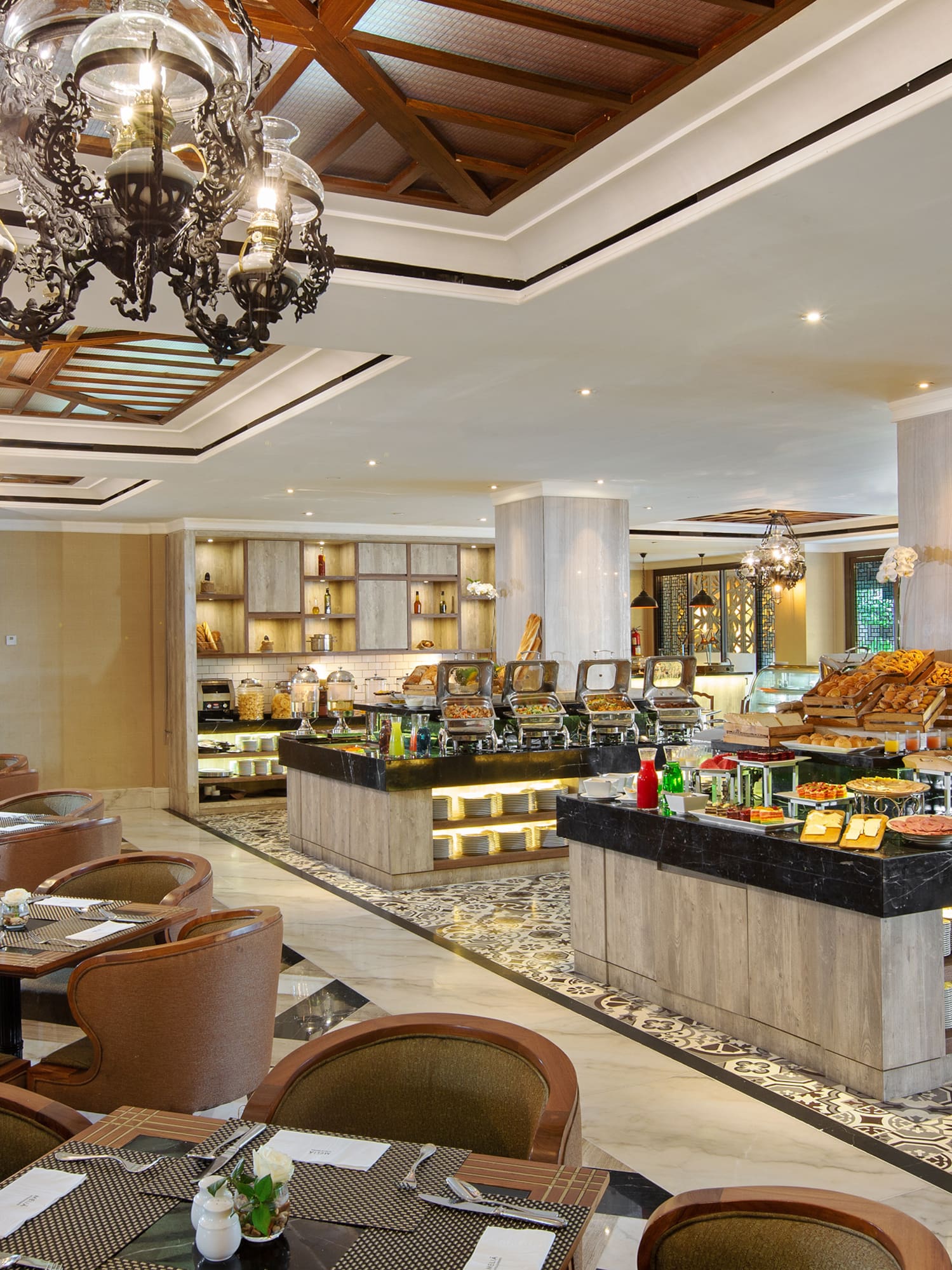 a restaurant with a variety of food items