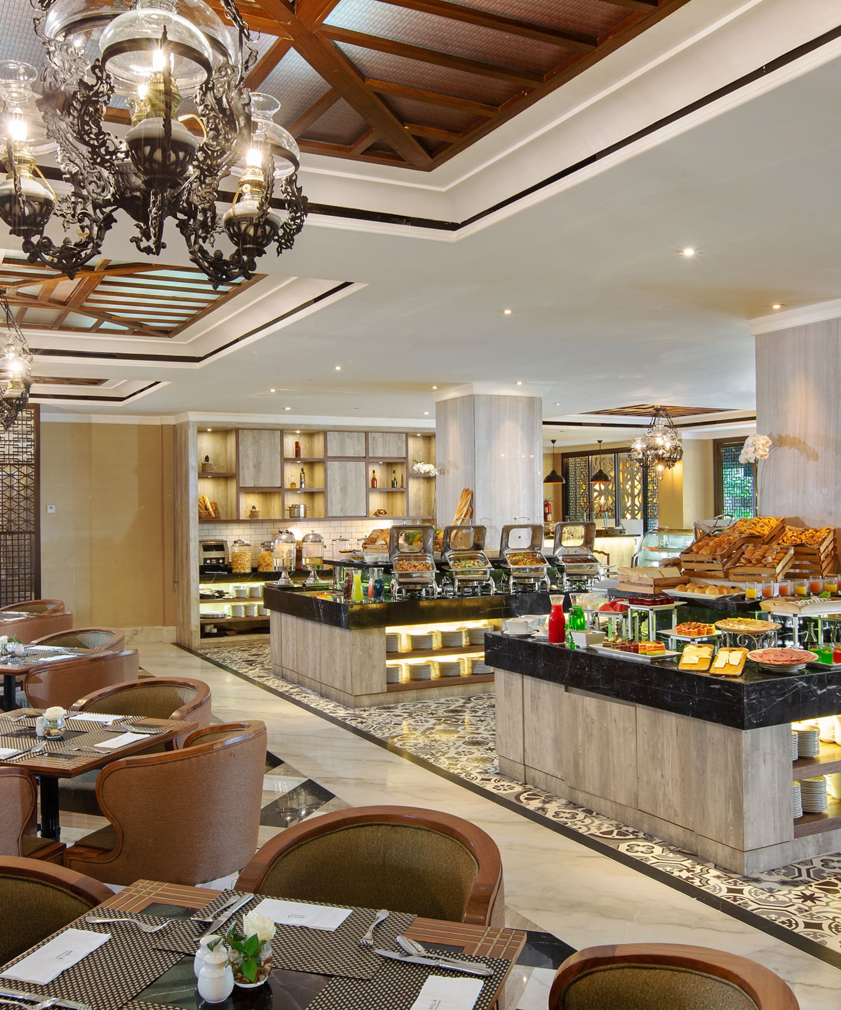 a restaurant with a variety of food items