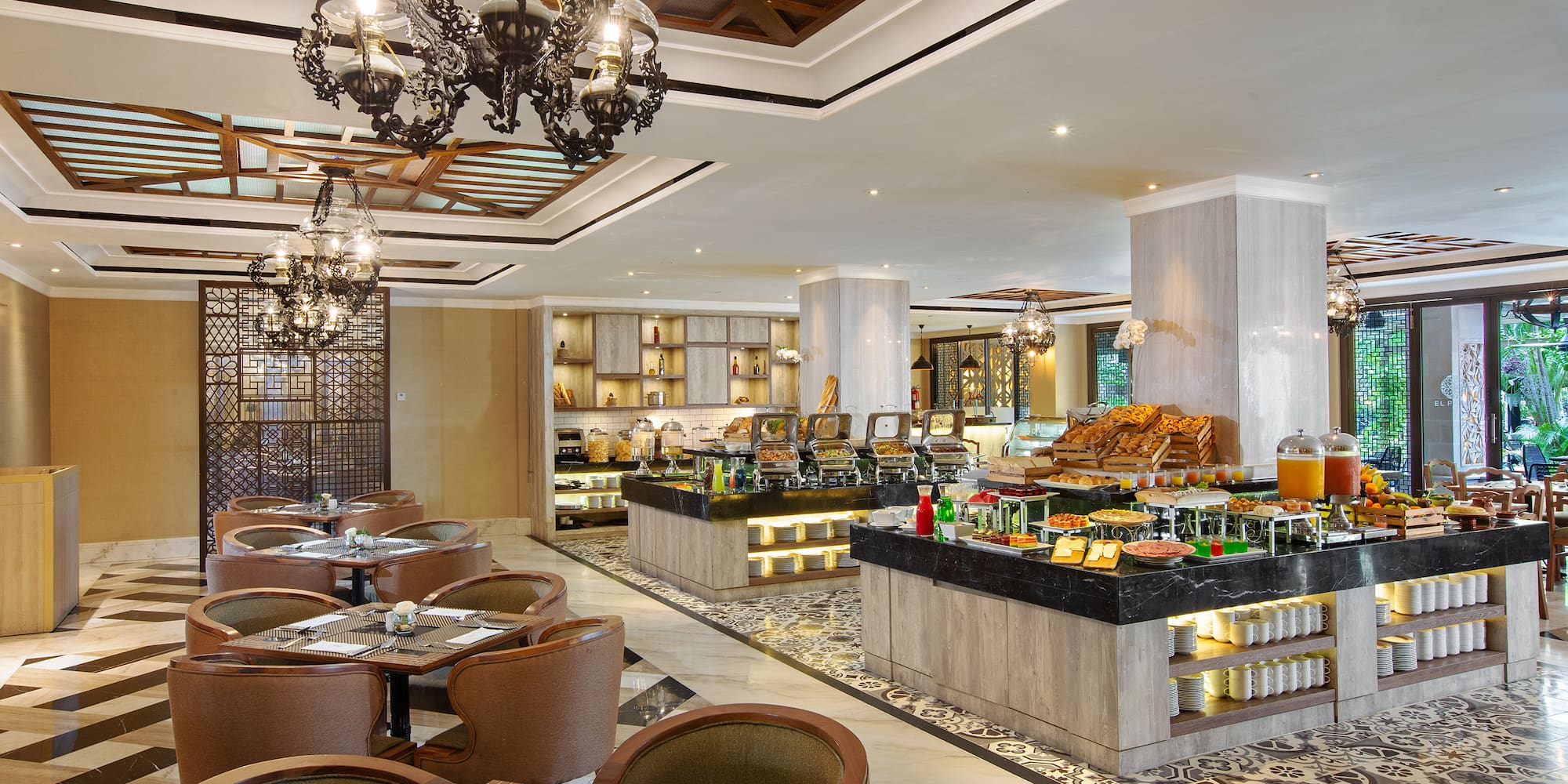 a restaurant with a variety of food items