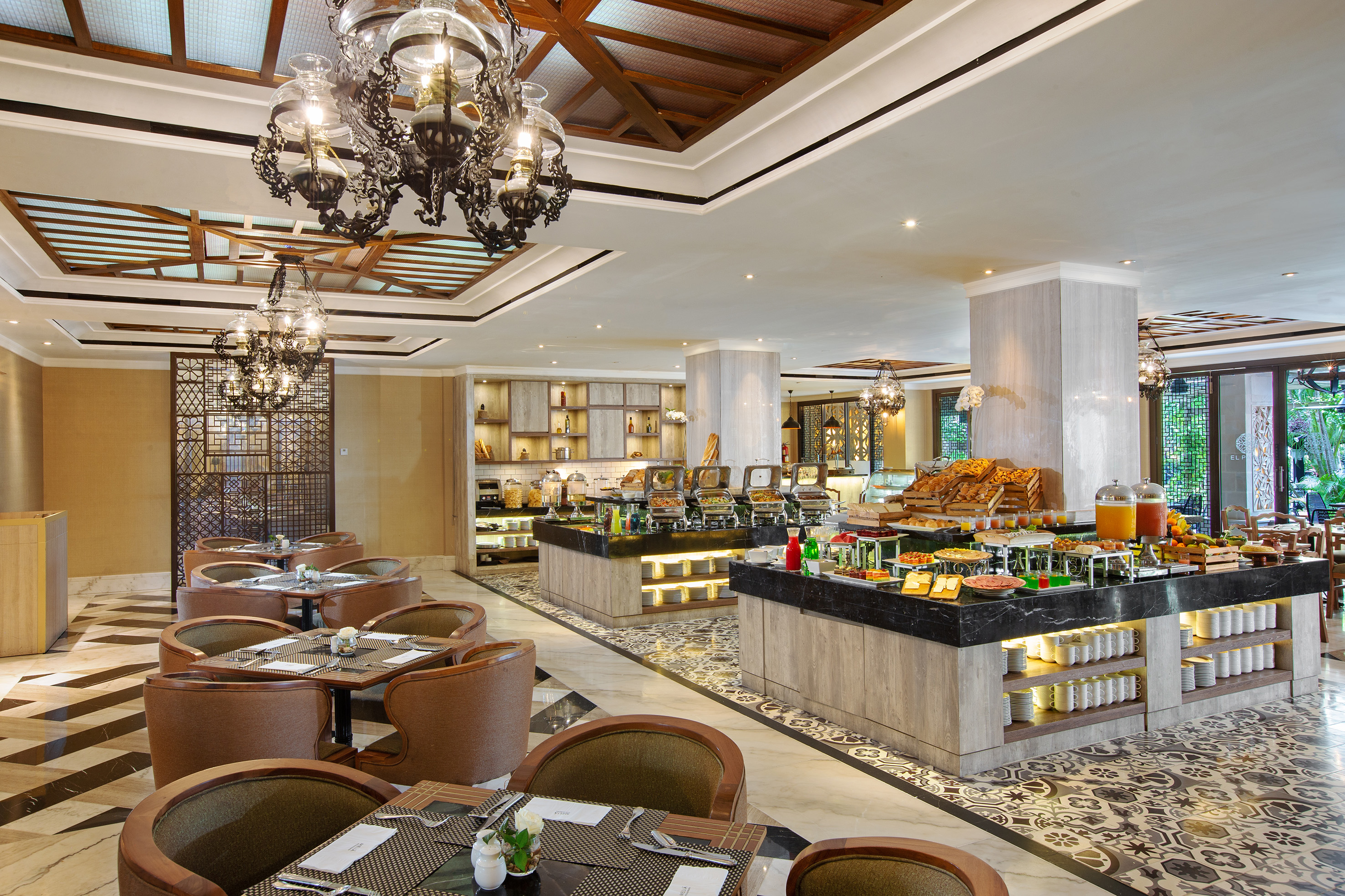 a restaurant with a variety of food items