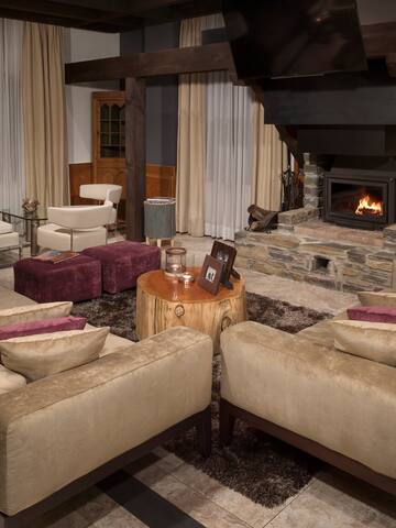a living room with couches and a fireplace