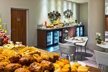 a room with a buffet and food