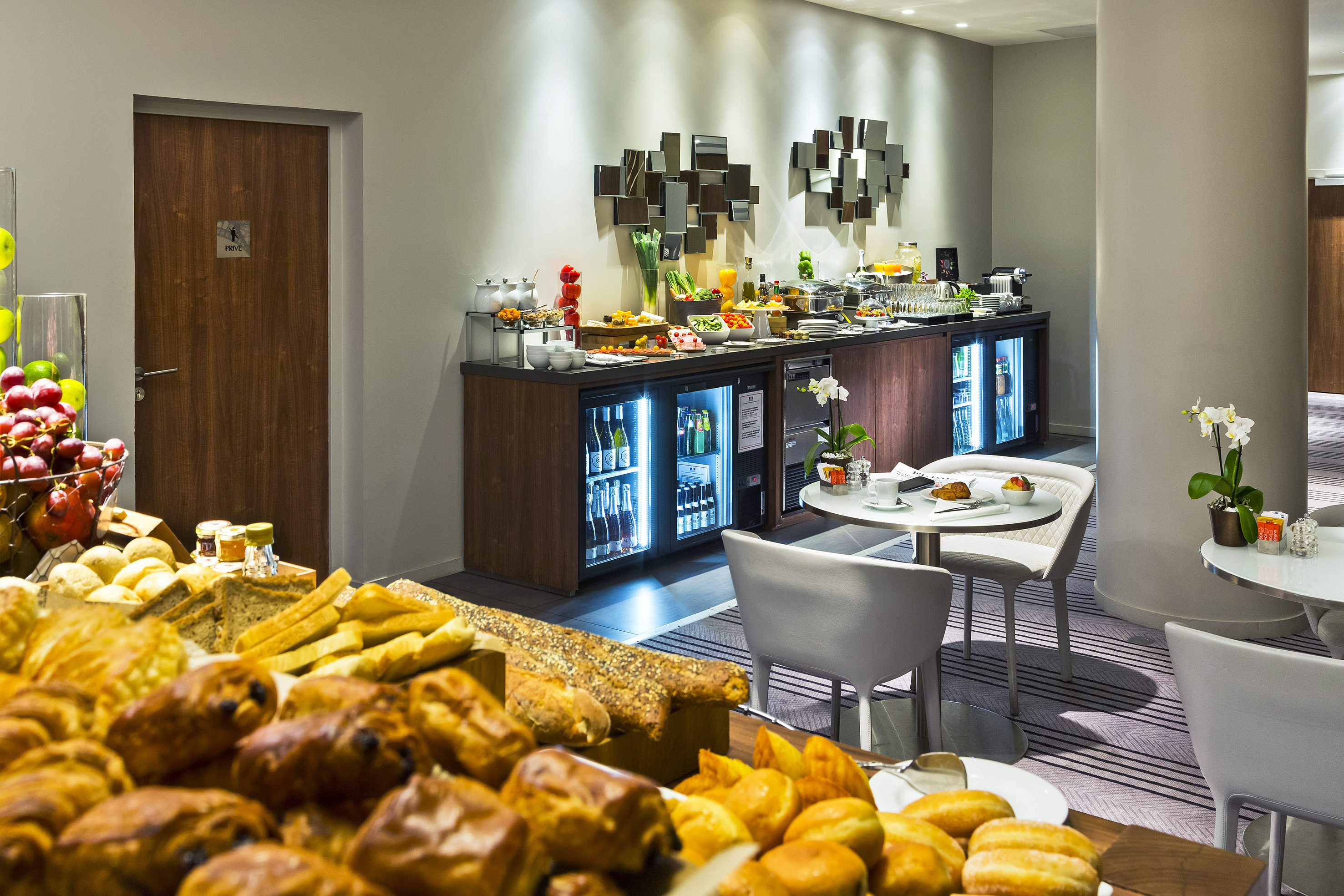 a room with a buffet and food