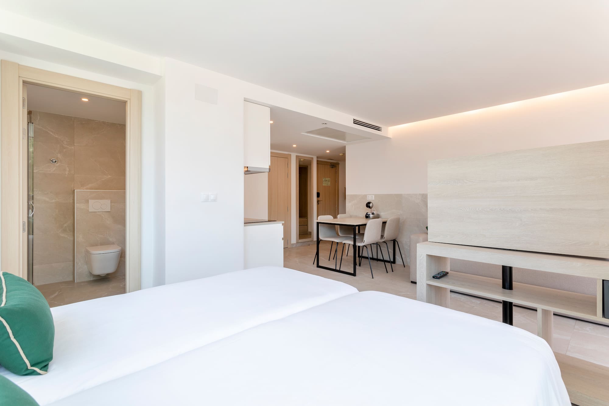 a room with a bed and a toilet