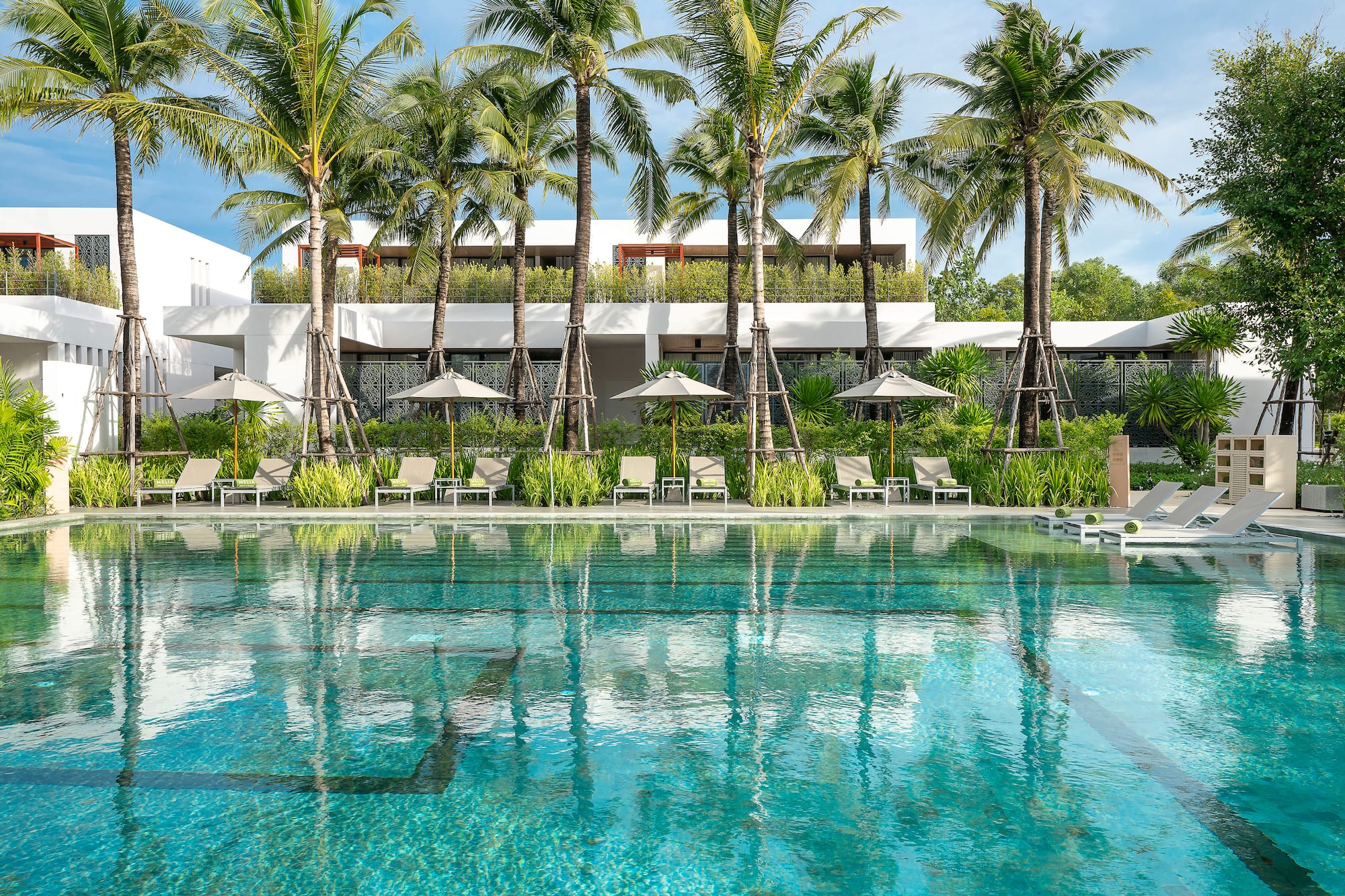 Modern resort swimming pool with palm trees, lounge chairs, and white buildings.