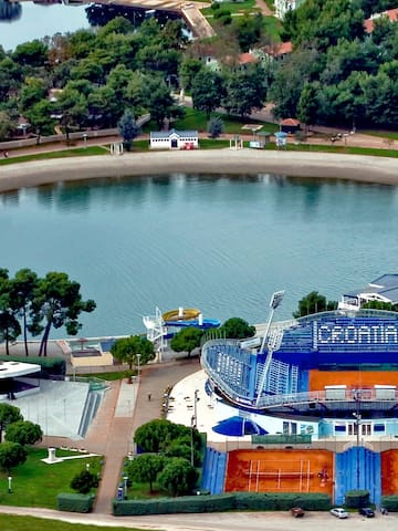 a large body of water with a stadium and trees