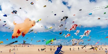 a group of people flying kites in the sky